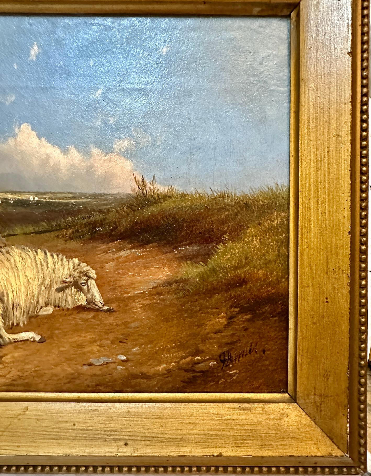 Victorian 19th century Moorland landscape with Sheep grazing and resting - Brown Landscape Painting by John Duvall