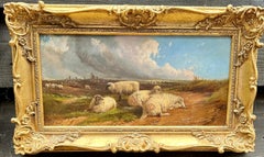 Victorian 19th century Moorland landscape with Sheep grazing and resting