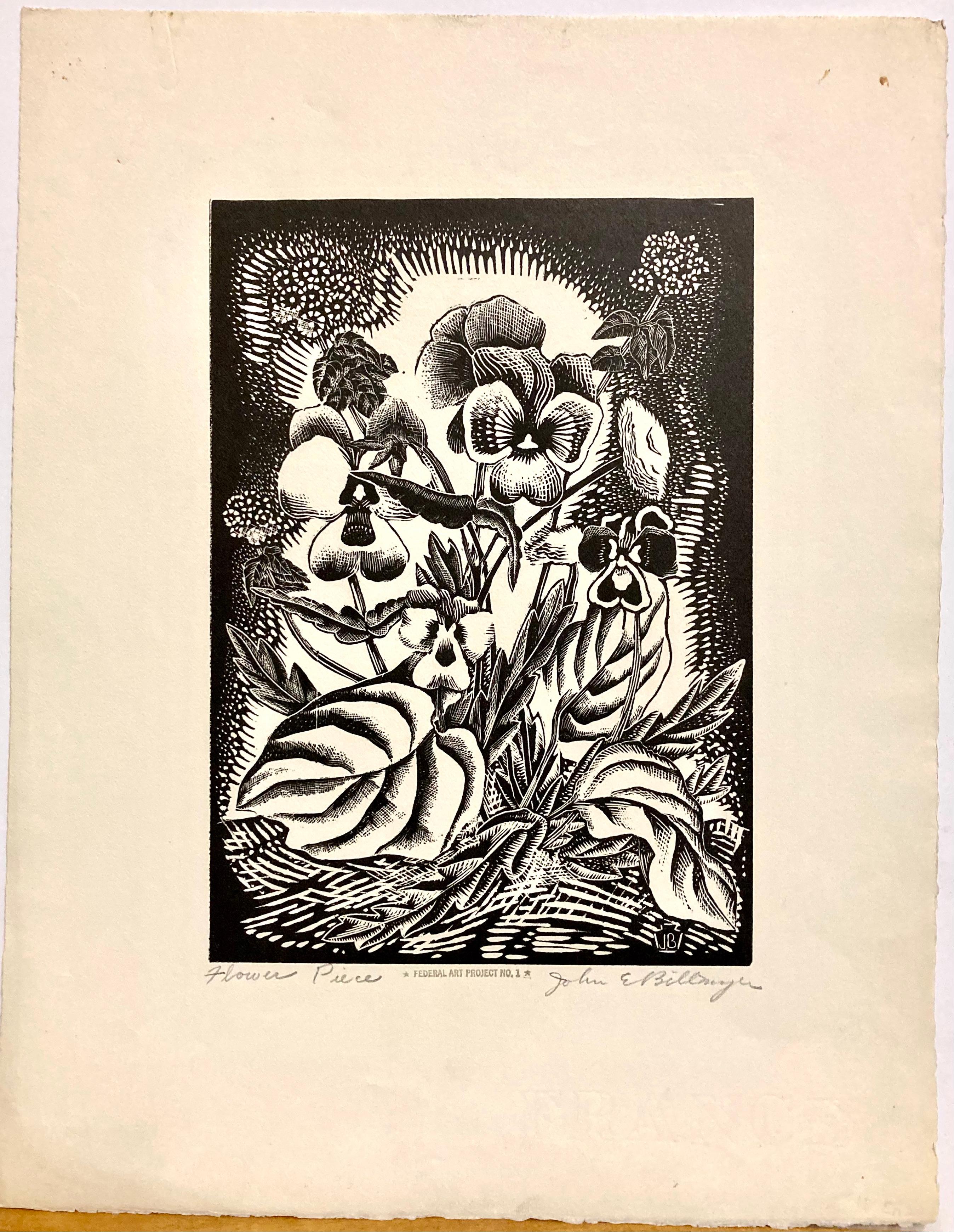 'Flower Piece' shows the artist, John Billmyer, to be a highly accomplished wood engraver. There are endless patterns and created details -- all executed flawlessly. Mostly made up of pansies (viola tricolor) or 'Johnnie-jump-ups,' the composition