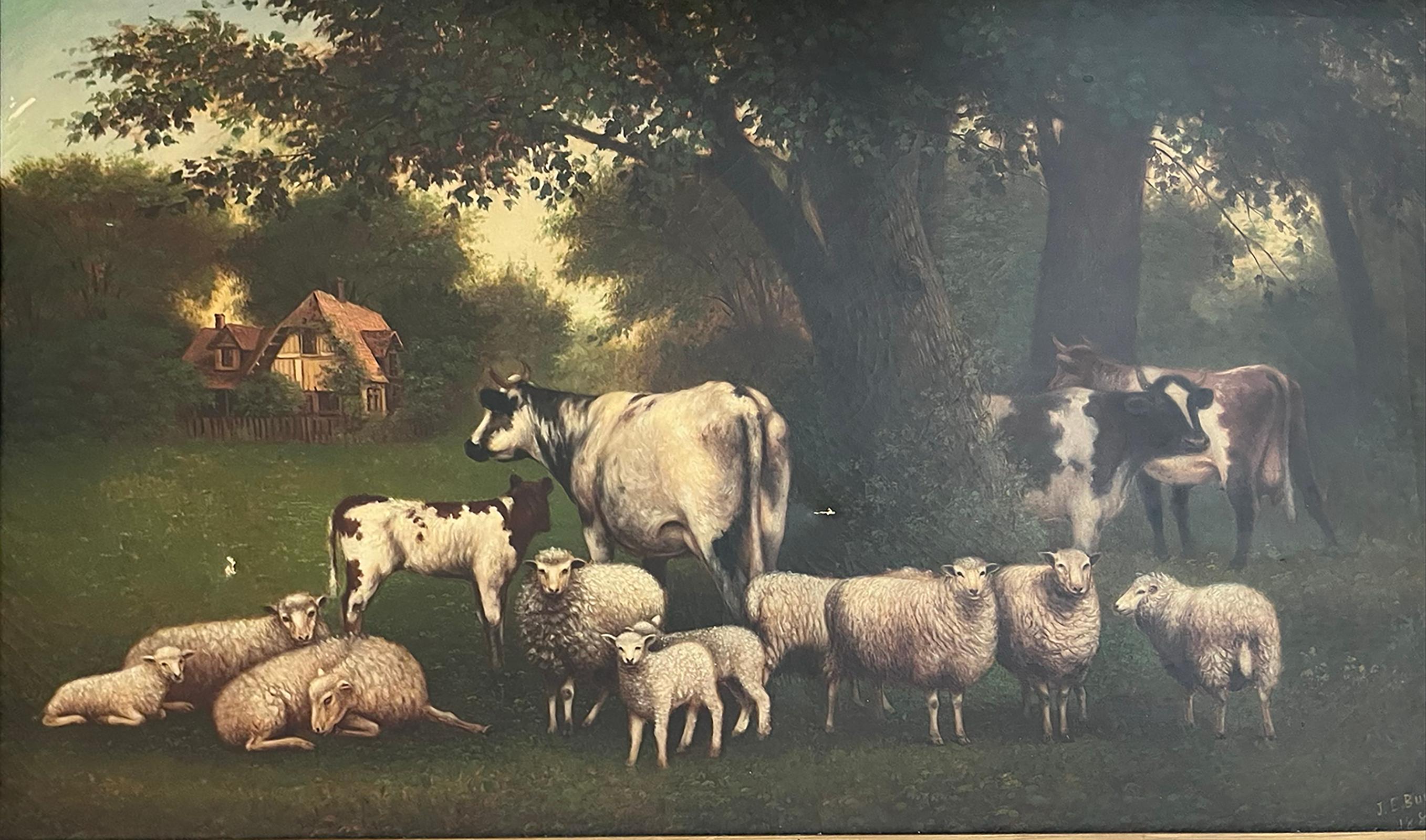 John E. Bundy Landscape Painting – Landschaft mit Hütte, Kühen und Schafen