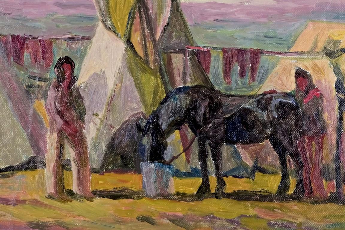 John E. Carlson, schwedischer Maler. Öl auf Karton. Ansicht eines Lagers mit Einheimischen, 1927 (Moderne) im Angebot