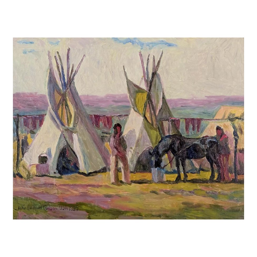John E. Carlson, schwedischer Maler. Öl auf Karton. Ansicht eines Lagers mit Einheimischen, 1927 im Angebot