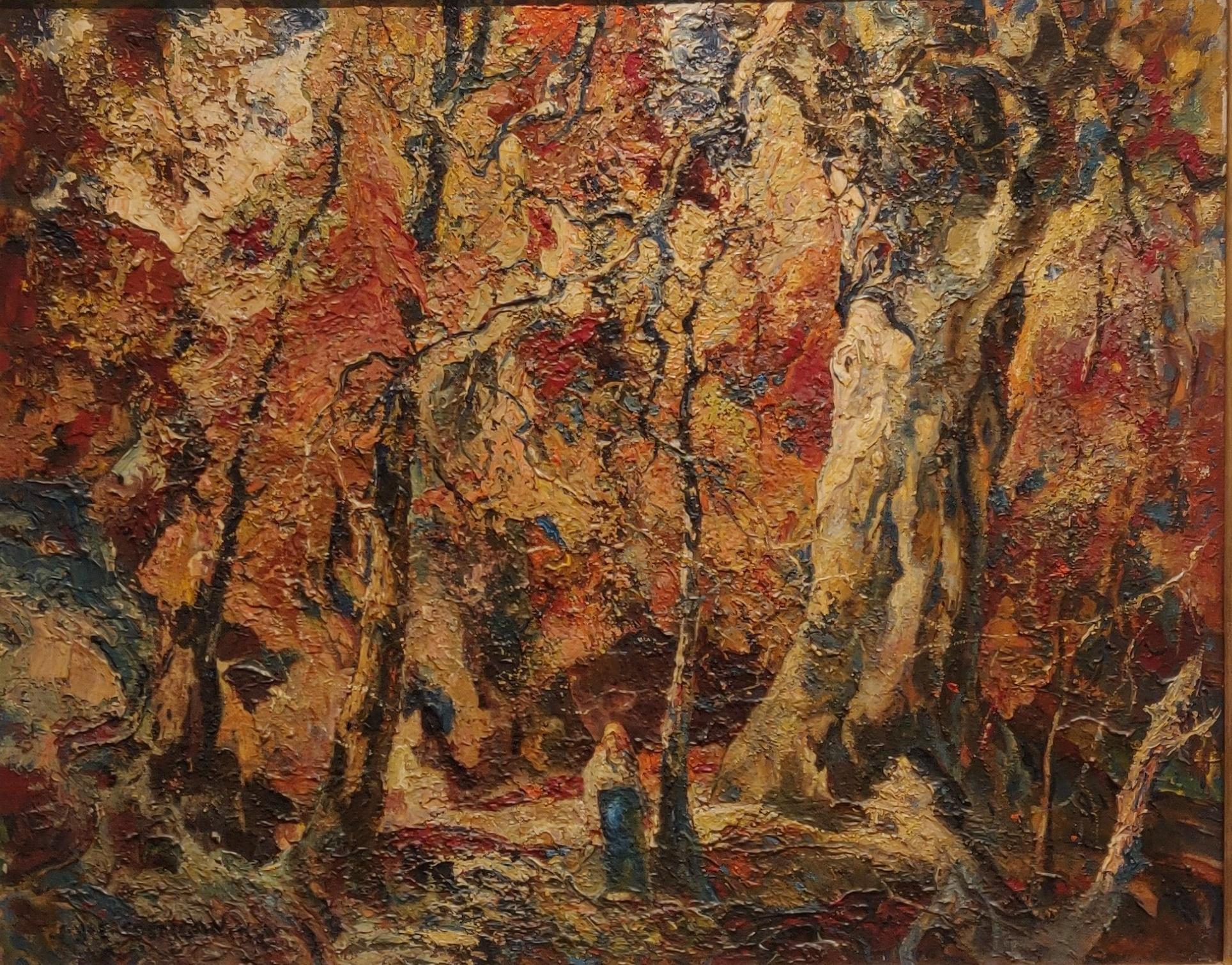 John Edward Costigan
Autumn Wood Interior, 1946
Signed, lower left "J.E. Costigan N.A."
Oil on canvas
24 x 30 inches


John Costigan was a self-taught painter and trained printer distinguished by his impressionistic style and affinity for bucolic