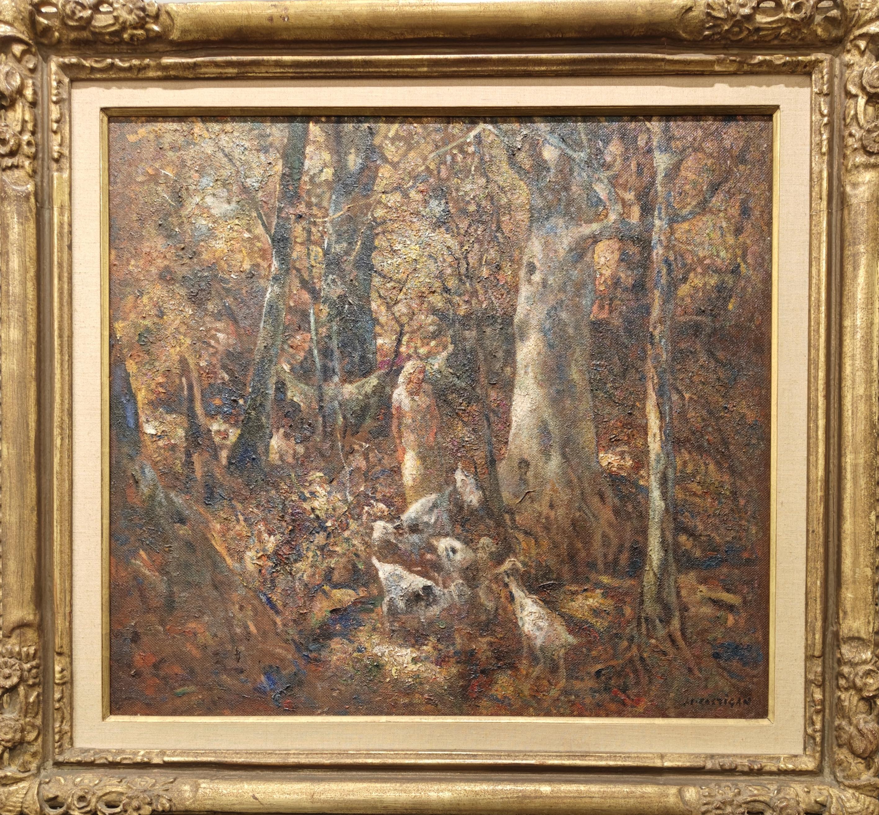 „Through the Woods“ John E. Strickjacke, Landschaftsgemälde des frühen 20. Jahrhunderts – Painting von John E. Costigan