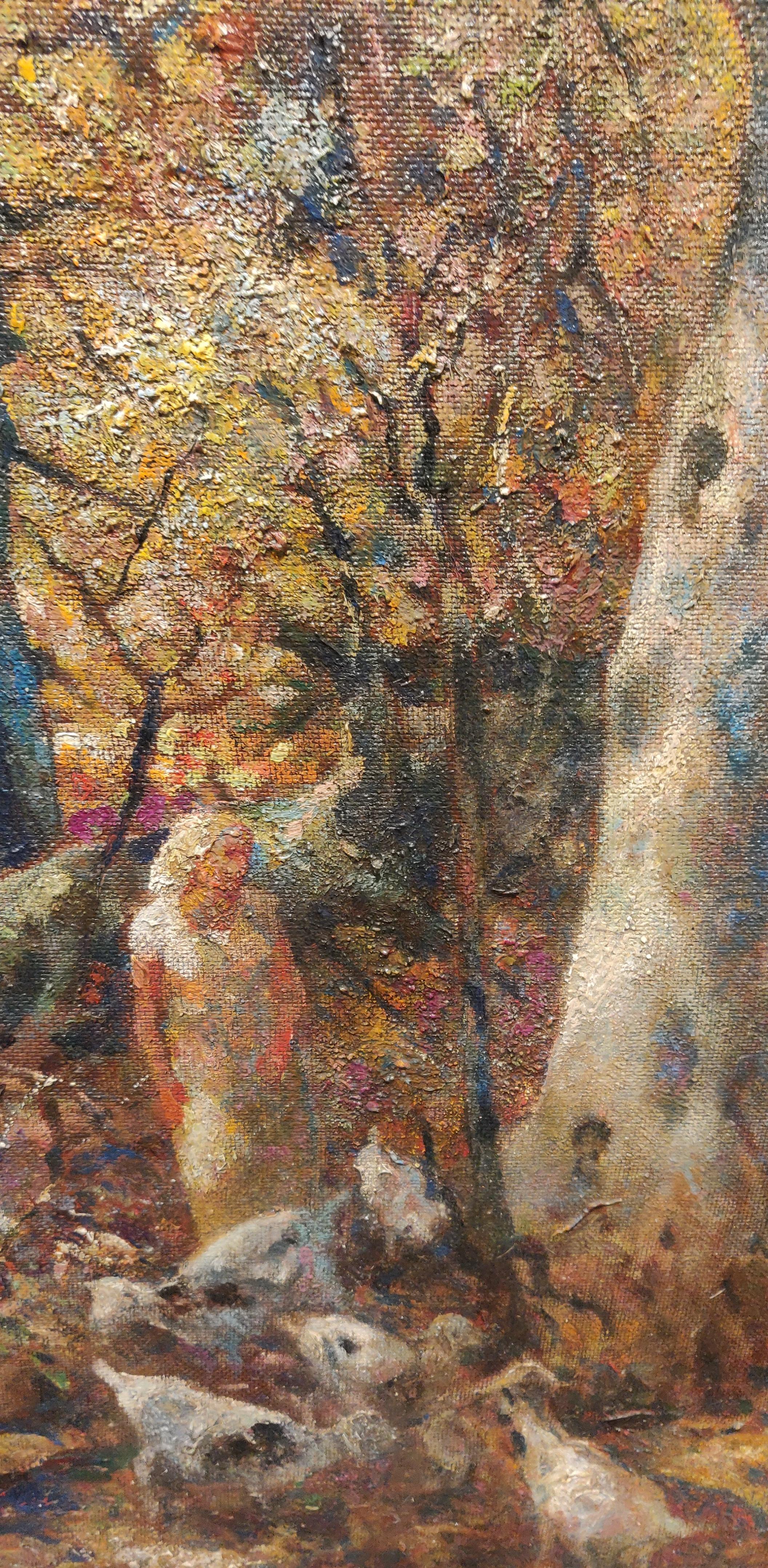 „Through the Woods“ John E. Strickjacke, Landschaftsgemälde des frühen 20. Jahrhunderts (Braun), Figurative Painting, von John E. Costigan
