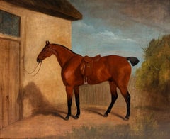 Fine 1840's English Sporting Art Oil Painting Portrait of Saddled Horse