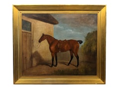 Fine 1840
s English Sporting Art Oil Painting Portrait of Saddled Horse