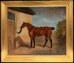 Fine 1840's English Sporting Art Oil Painting Portrait of Saddled Horse