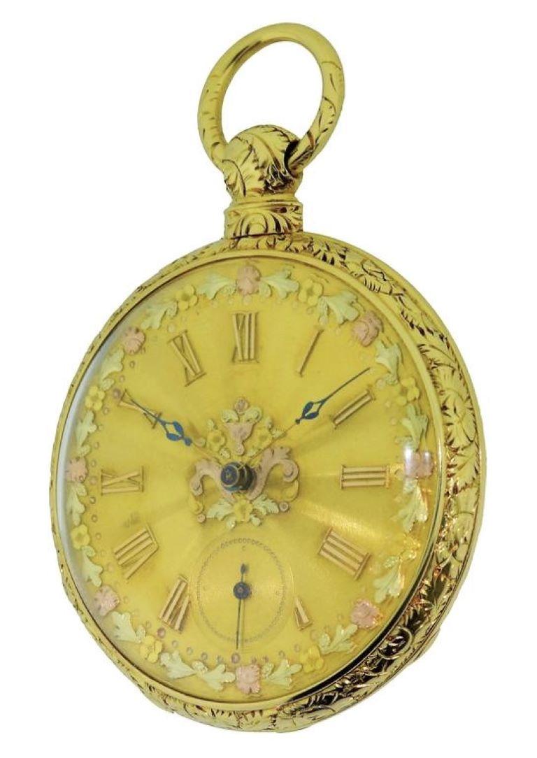 FACTORY / HOUSE: John Hyde 
STYLE / REFERENCE: Open Faced Pocket Watch 
METAL / MATERIAL: 18Kt. Yellow Gold
DIMENSIONS:  Diameter 50mm  
YEAR / CIRCA: 1830's 
MOVEMENT / CALIBER: Keywind  / 15 Jewels / Swiss Made 
DIAL / HANDS: Original Solid Gold