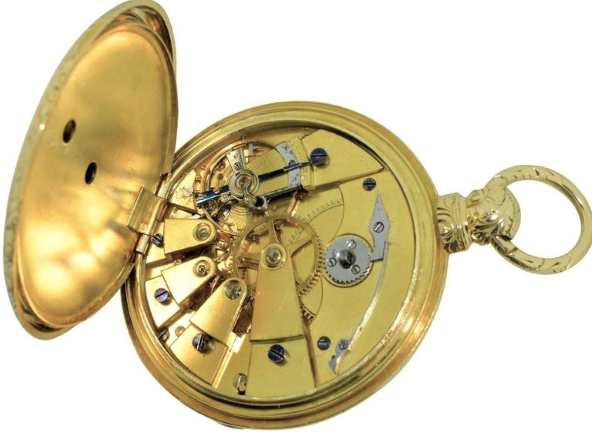 Baroque John E. Hyde London 18 Karat Solid Gold Keywinding Pocket Watch, circa 1840s For Sale