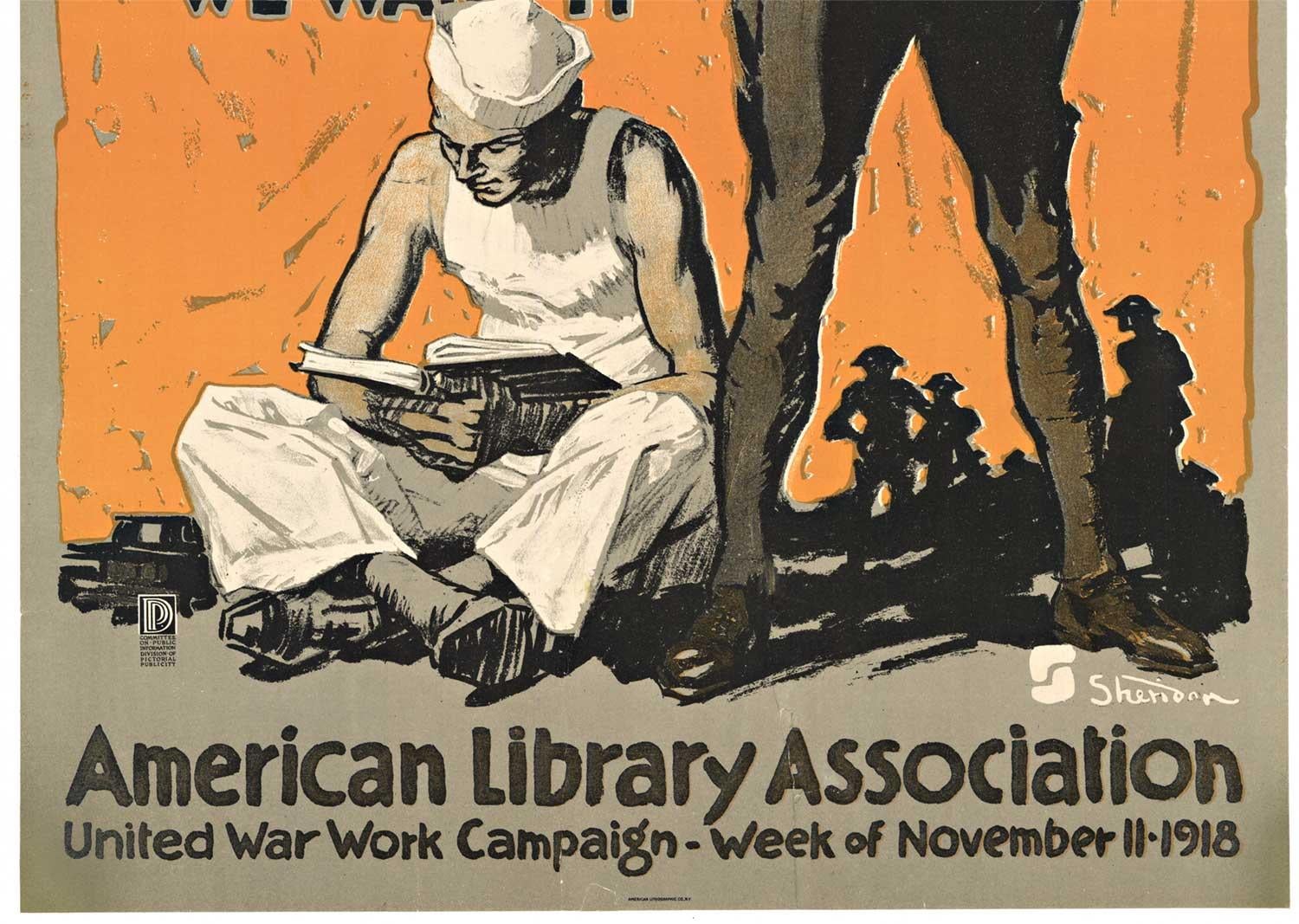 Originales Vintage-Poster „Hey Fellows“ der American Library Association, 1918 (Amerikanische Moderne), Print, von John E Sheridan