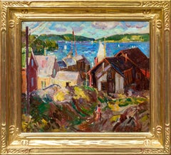 American Impressionist Painting, "Rockport", Oil on Board, Fine Gold Leaf Frame