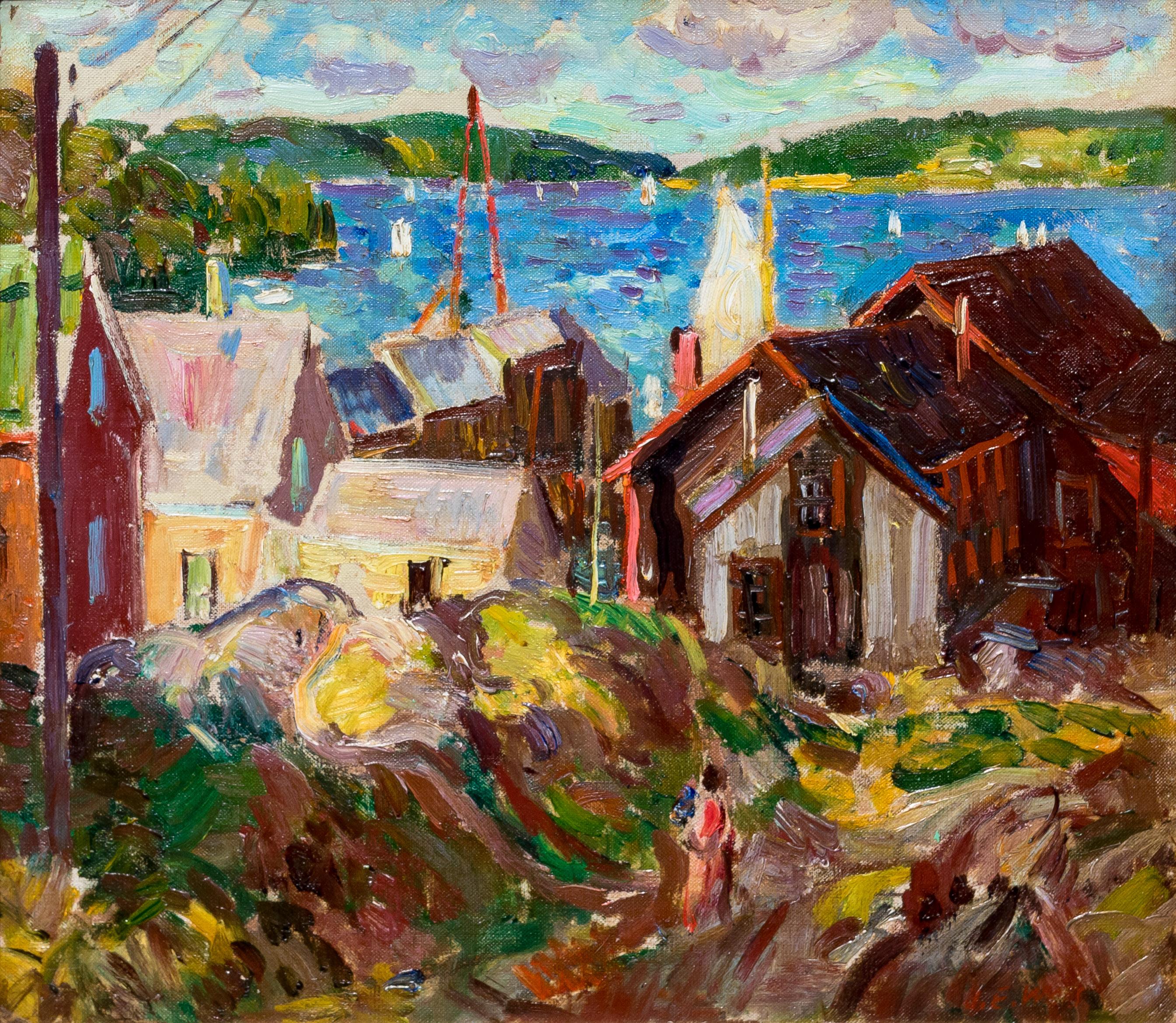 John E. Weis Landscape Painting - American Impressionist Painting, "Rockport", Oil on Board, Fine Gold Leaf Frame