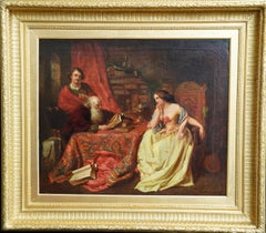 Antique The Lesson - Portrait Interior - British Victorian art oil painting reading
