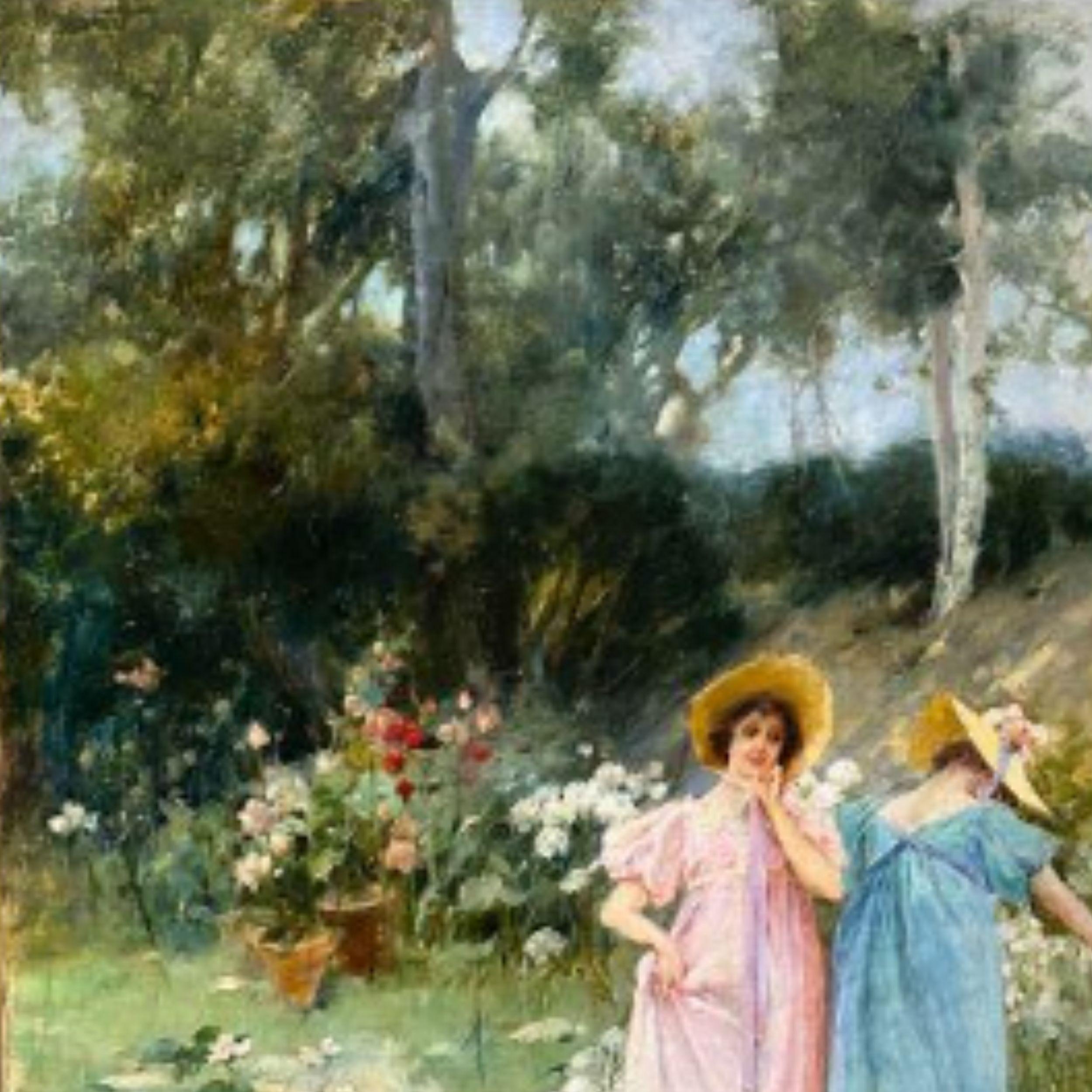 „Frauen im Garten“, Ölgemälde auf Leinwand, 19. Jahrhundert im Angebot 5