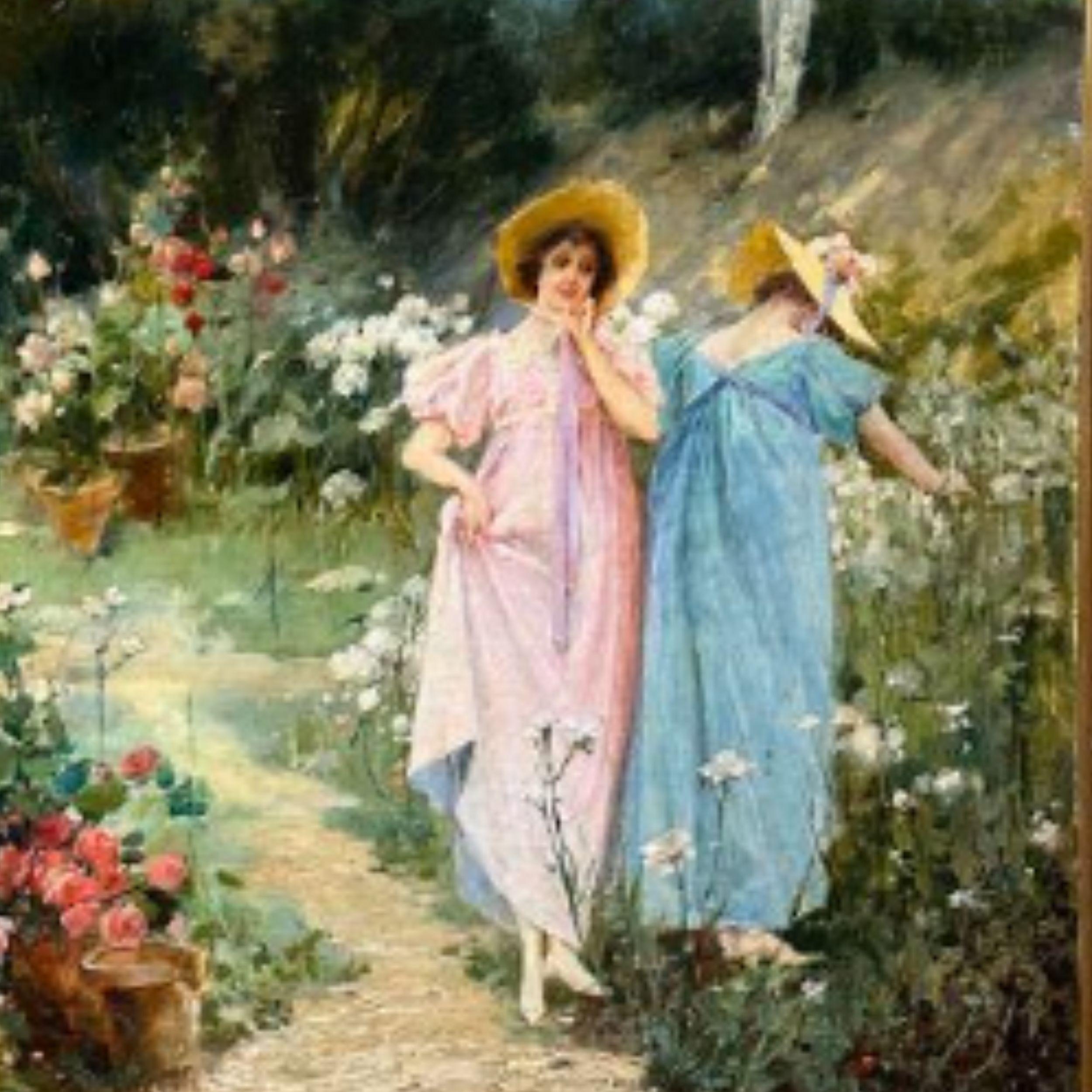 „Frauen im Garten“, Ölgemälde auf Leinwand, 19. Jahrhundert im Angebot 6