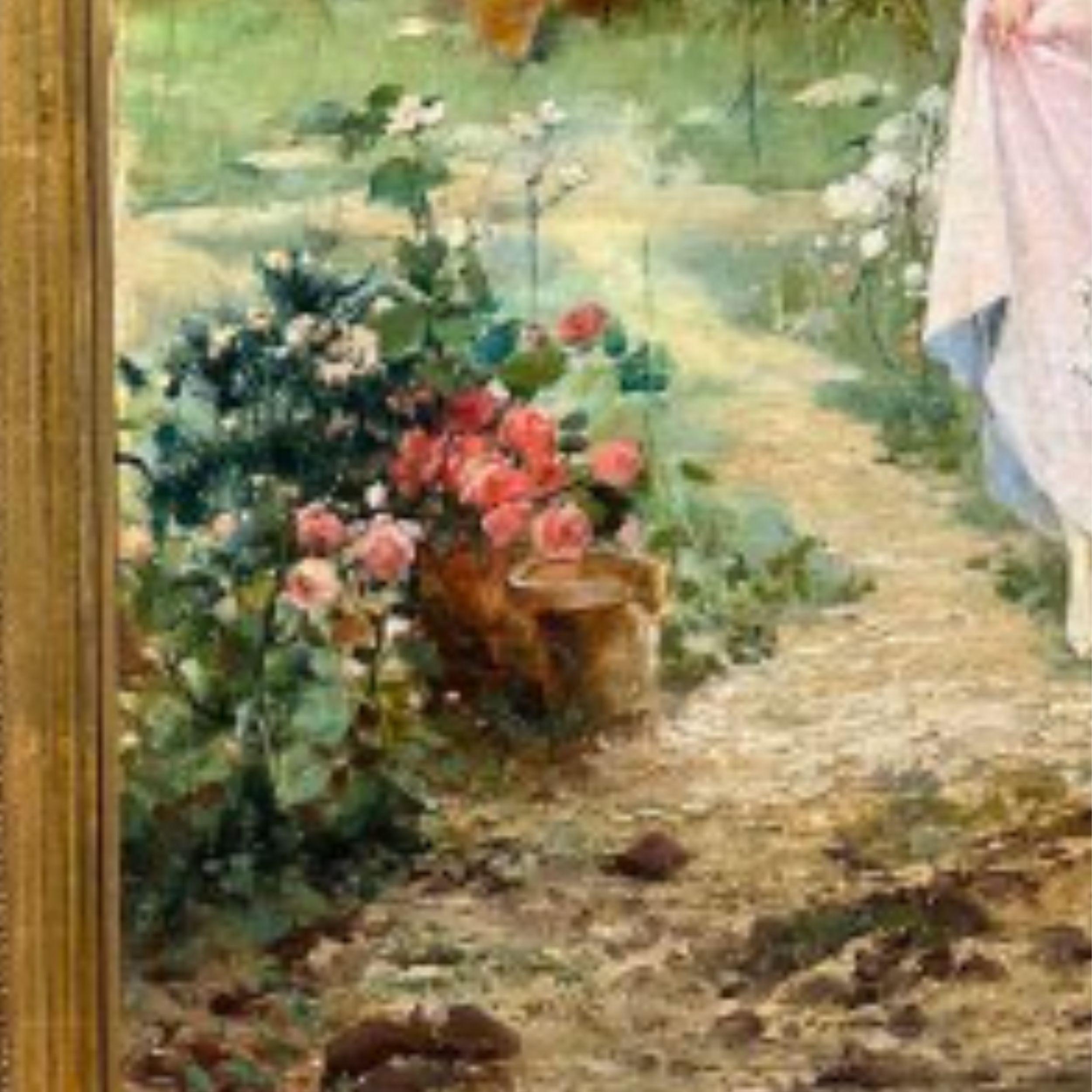 „Frauen im Garten“, Ölgemälde auf Leinwand, 19. Jahrhundert im Angebot 7
