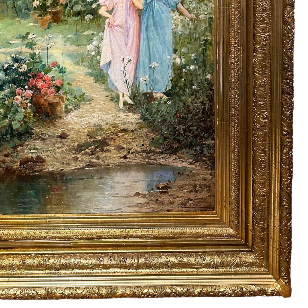 „Frauen im Garten“, Ölgemälde auf Leinwand, 19. Jahrhundert im Angebot 1