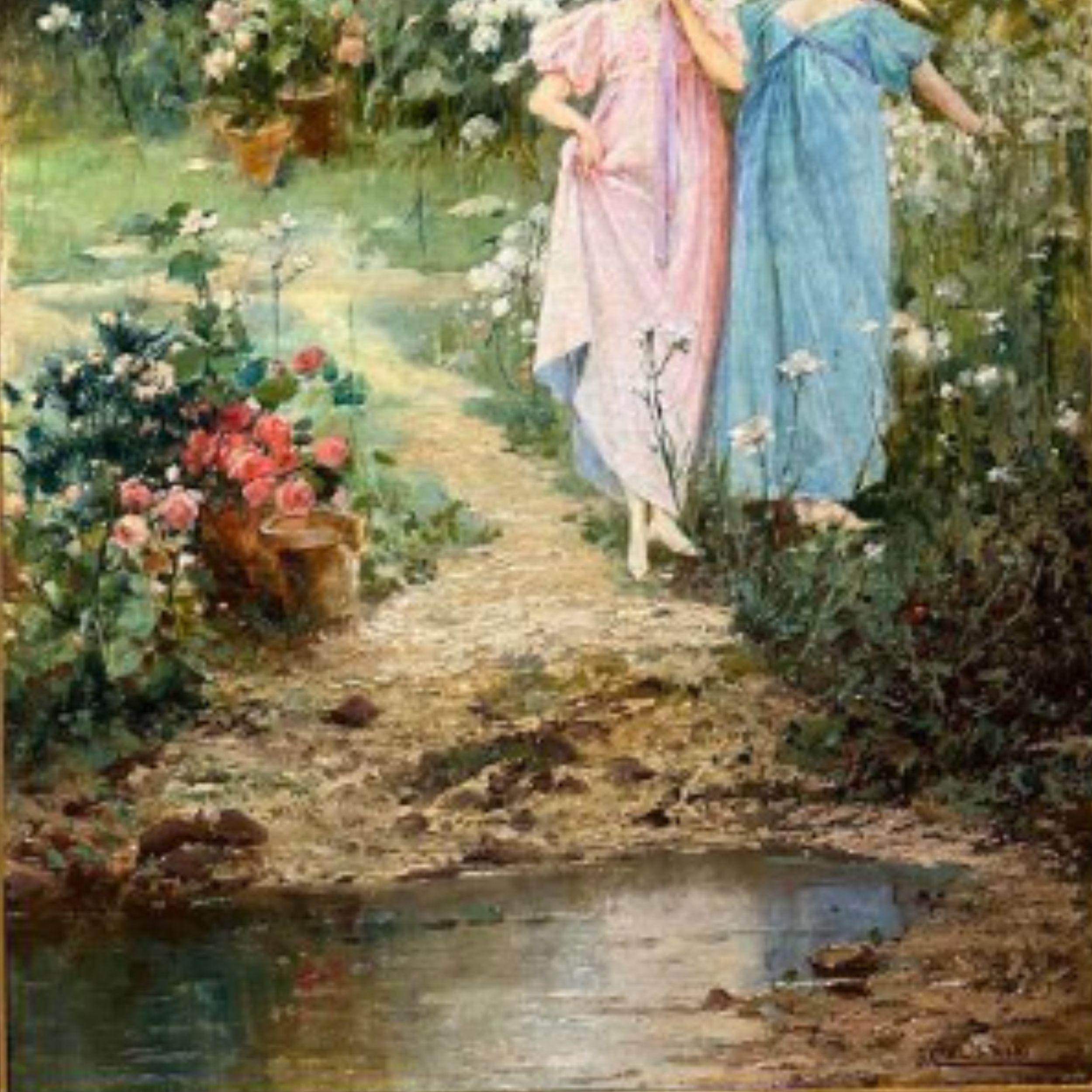 „Frauen im Garten“, Ölgemälde auf Leinwand, 19. Jahrhundert im Angebot 4