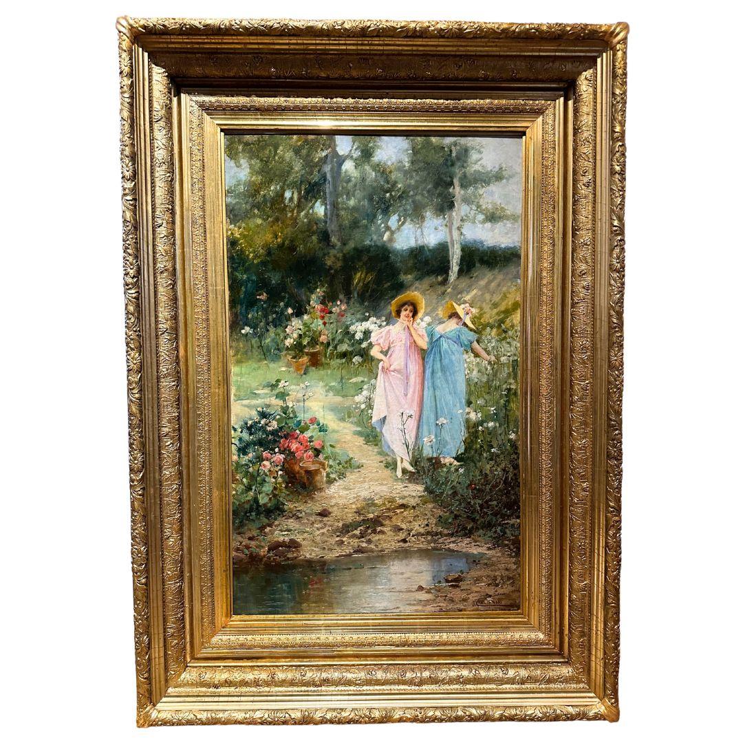 John Edmund Califano Landscape Painting - "Women in garden" 19th Century Oil Painting on Canvas