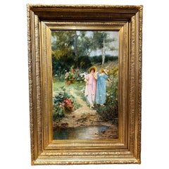 "Femmes au jardin" Peinture à l'huile sur toile du 19e siècle