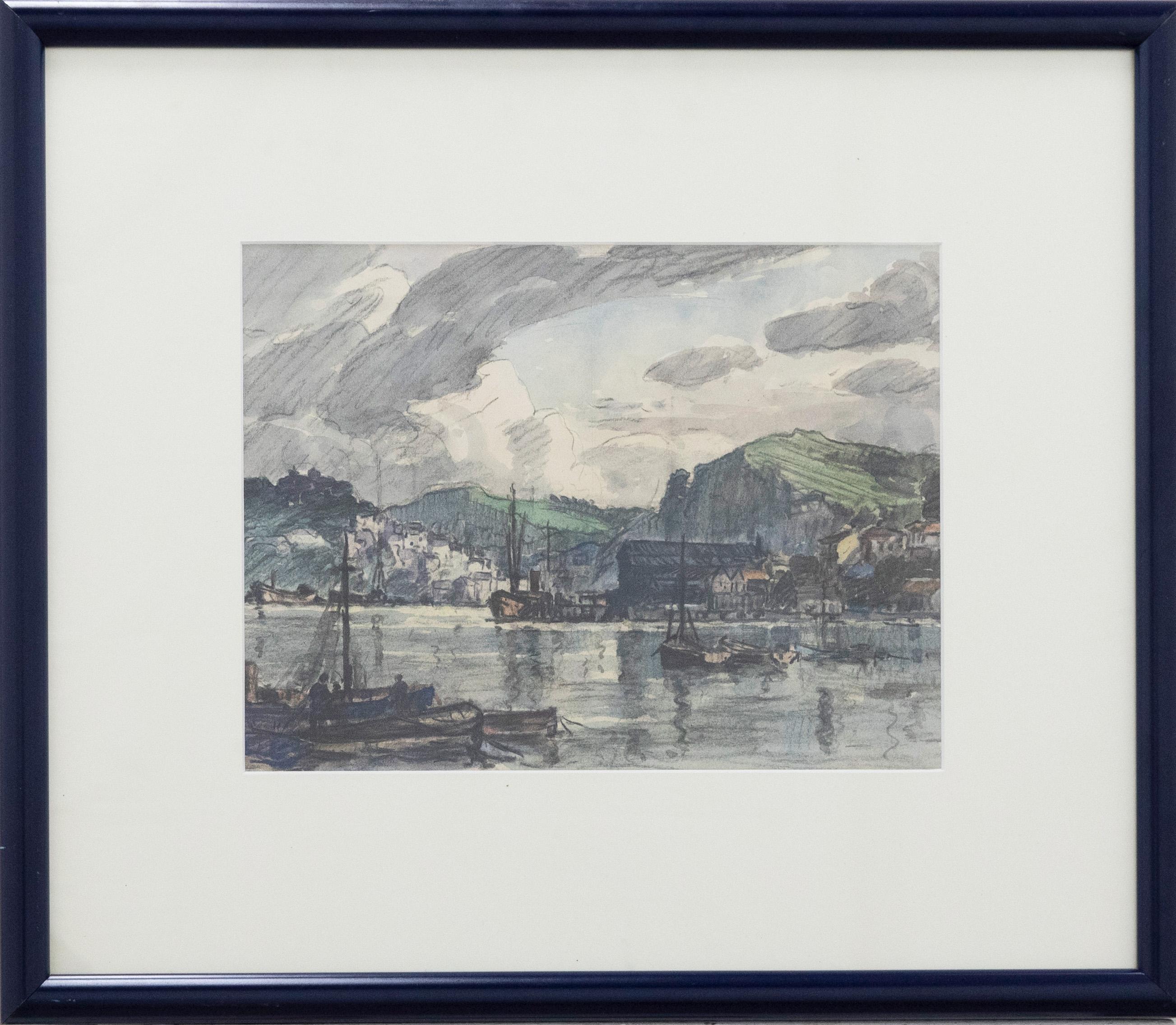 John Edmund Mace RBA (1889-1952) - Framed Mixed Media, Dartmouth Harbour For Sale 1