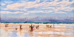 Gathering Cockles - Figures préraphaélites dans un paysage à l'huile de John Edward Brett
