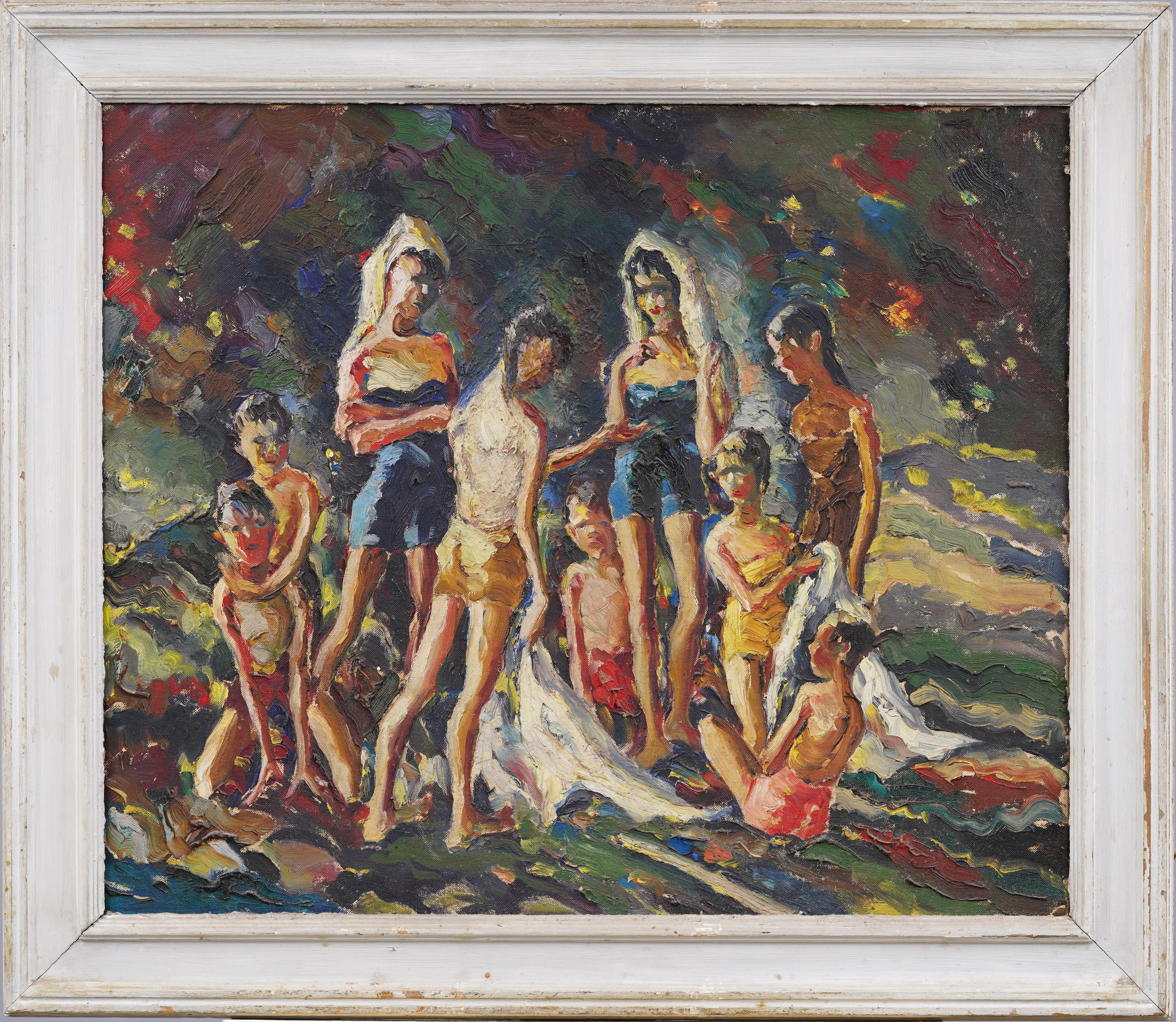 Nicely painted mid century impressionist bather scene by John Edward Costigan (1888 - 1972).  Oil on board.  Framed.  Signed verso.