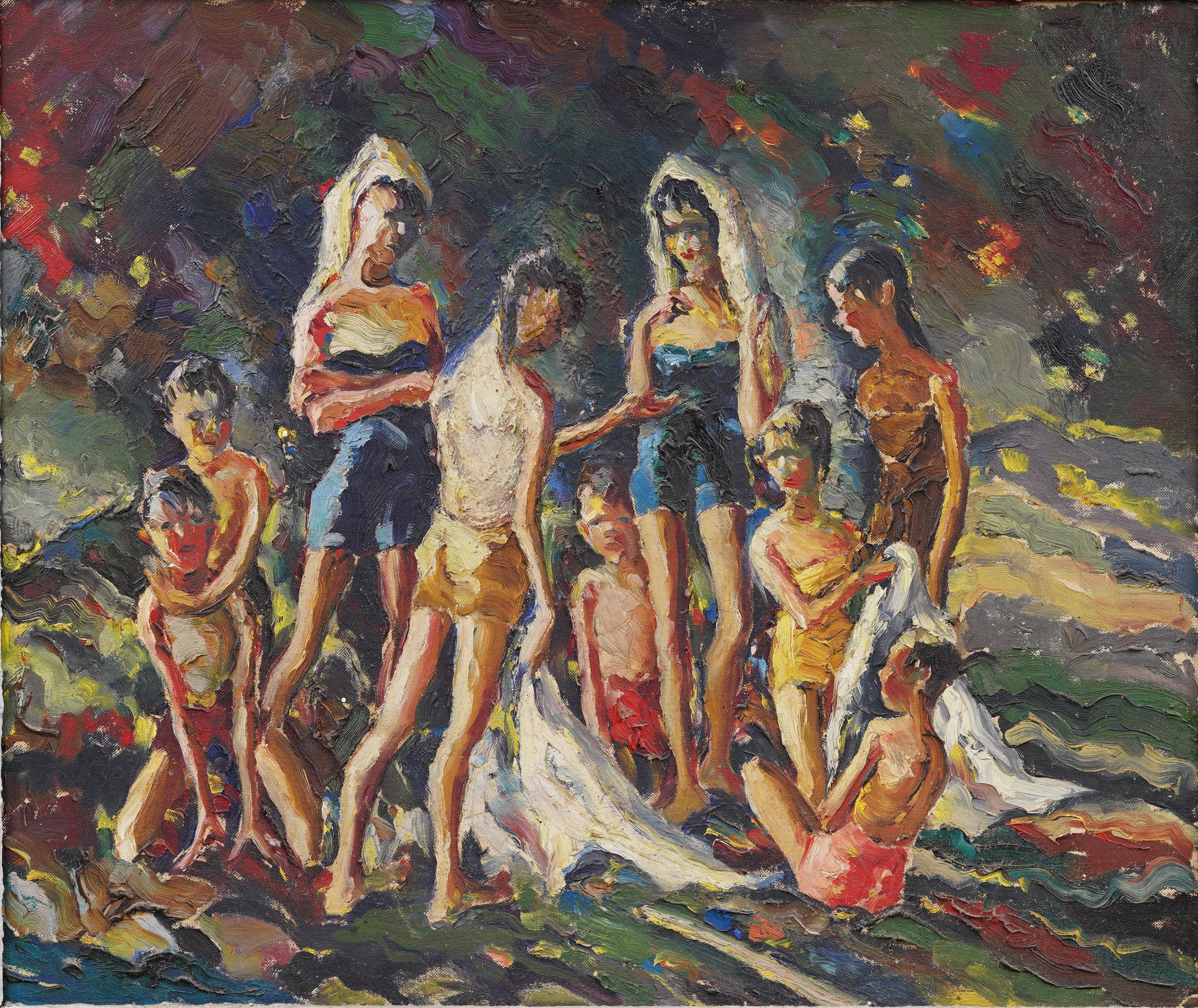 Antikes amerikanisches impressionistisches Ölgemälde, Strandbaden-Landschaft, Ölgemälde, Neuengland (Impressionismus), Painting, von John Edward Costigan 