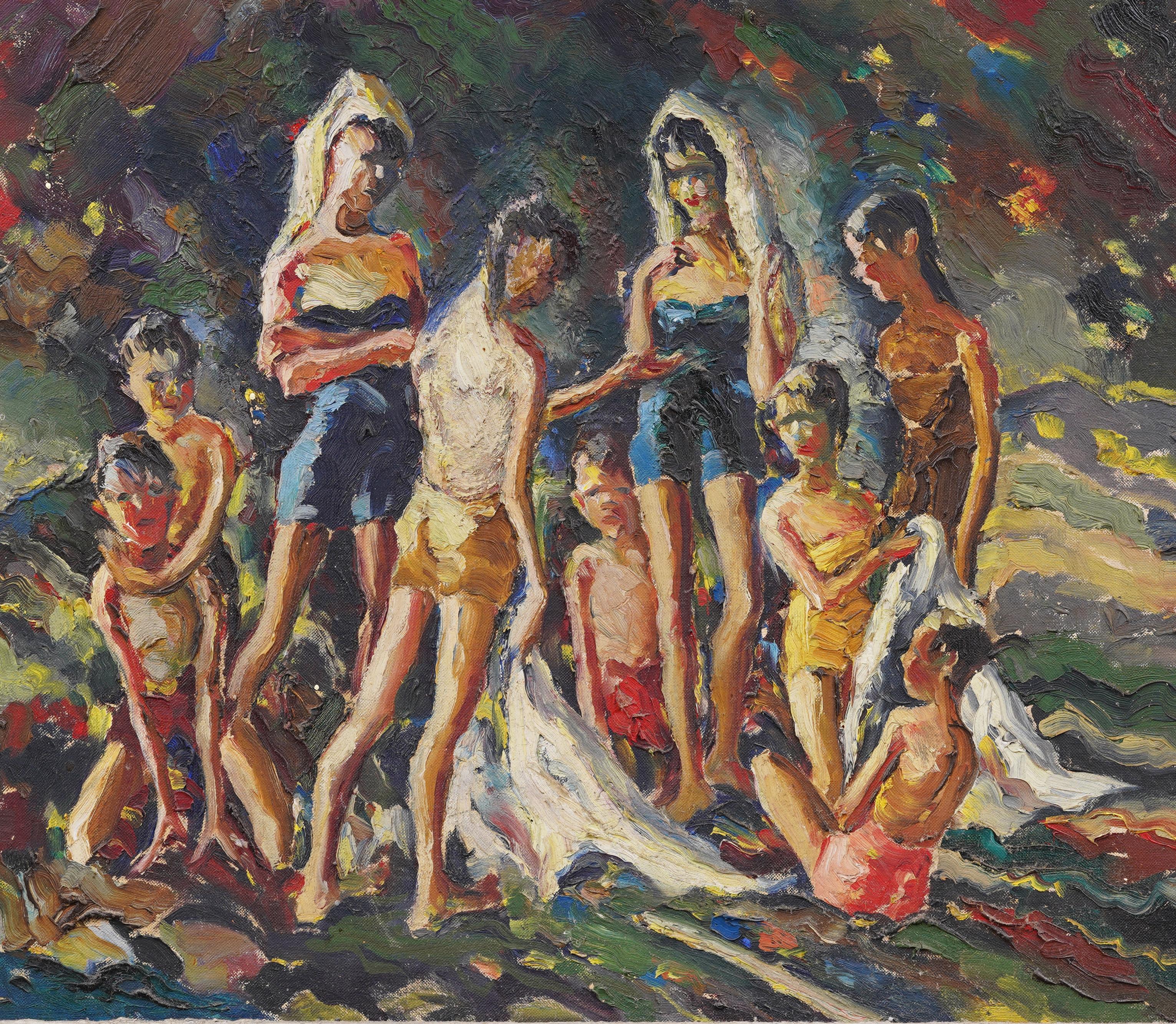 Hübsch gemalte impressionistische Badeszene aus der Mitte des Jahrhunderts von John Edward Costigan (1888 - 1972).  Öl auf Karton.  Gerahmt.  Verso signiert.