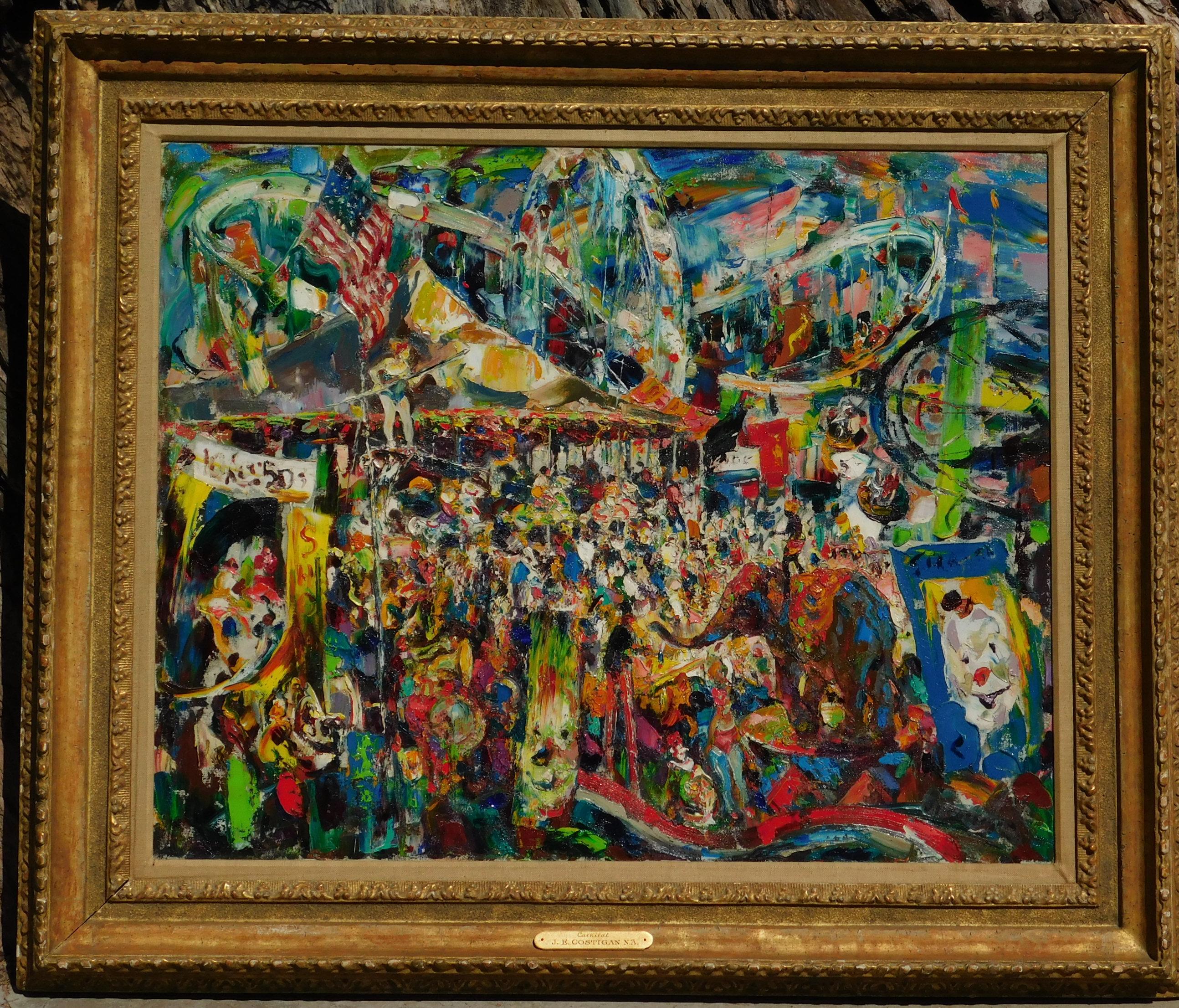 John Costigan (1888-1972) oil on canvas, circa: 1950s. In excellent condition.
Exciting Expressionist Painting of a lively Carnival Scene. Signed lower right: ''J.E. Costigan