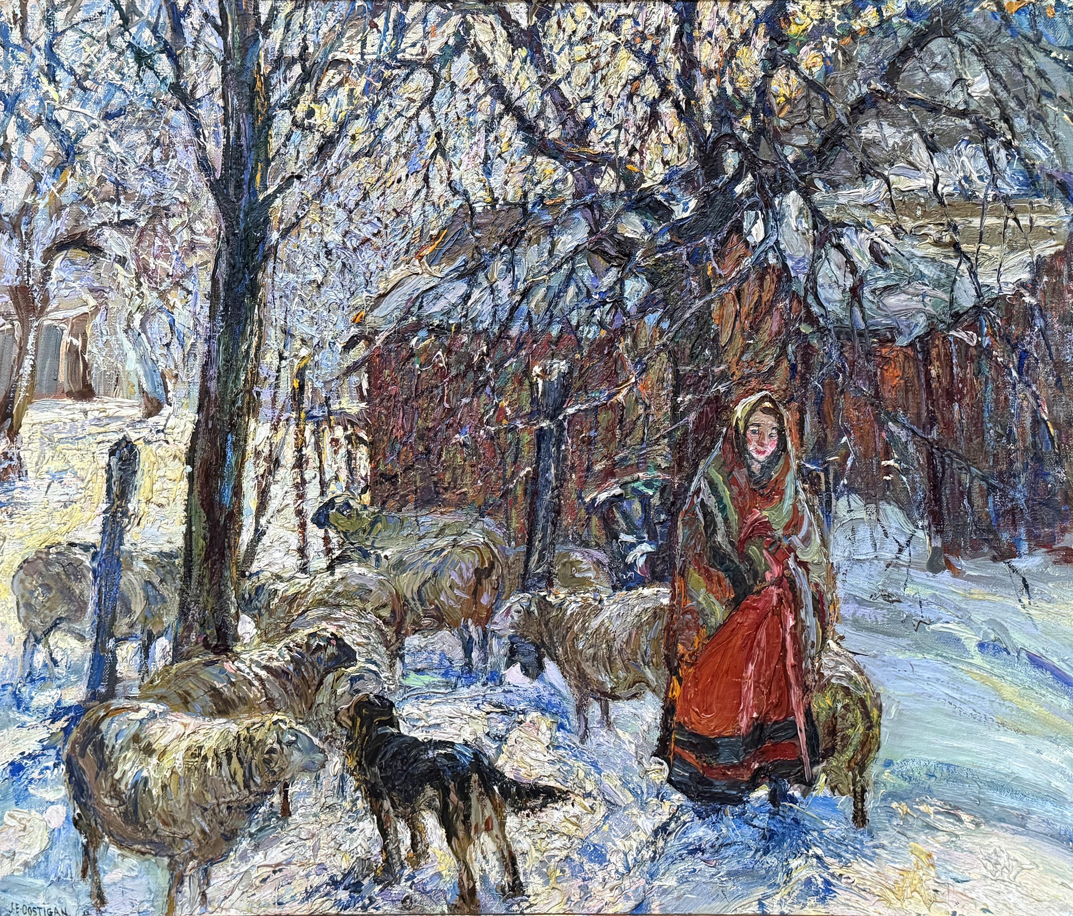 "Barnyard Winter" John Edward Costigan, Snowy Landscape, American Artist
