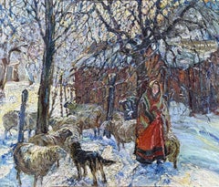 "Barnyard Winter" John Edward Costigan, Snowy Landscape, American Artist