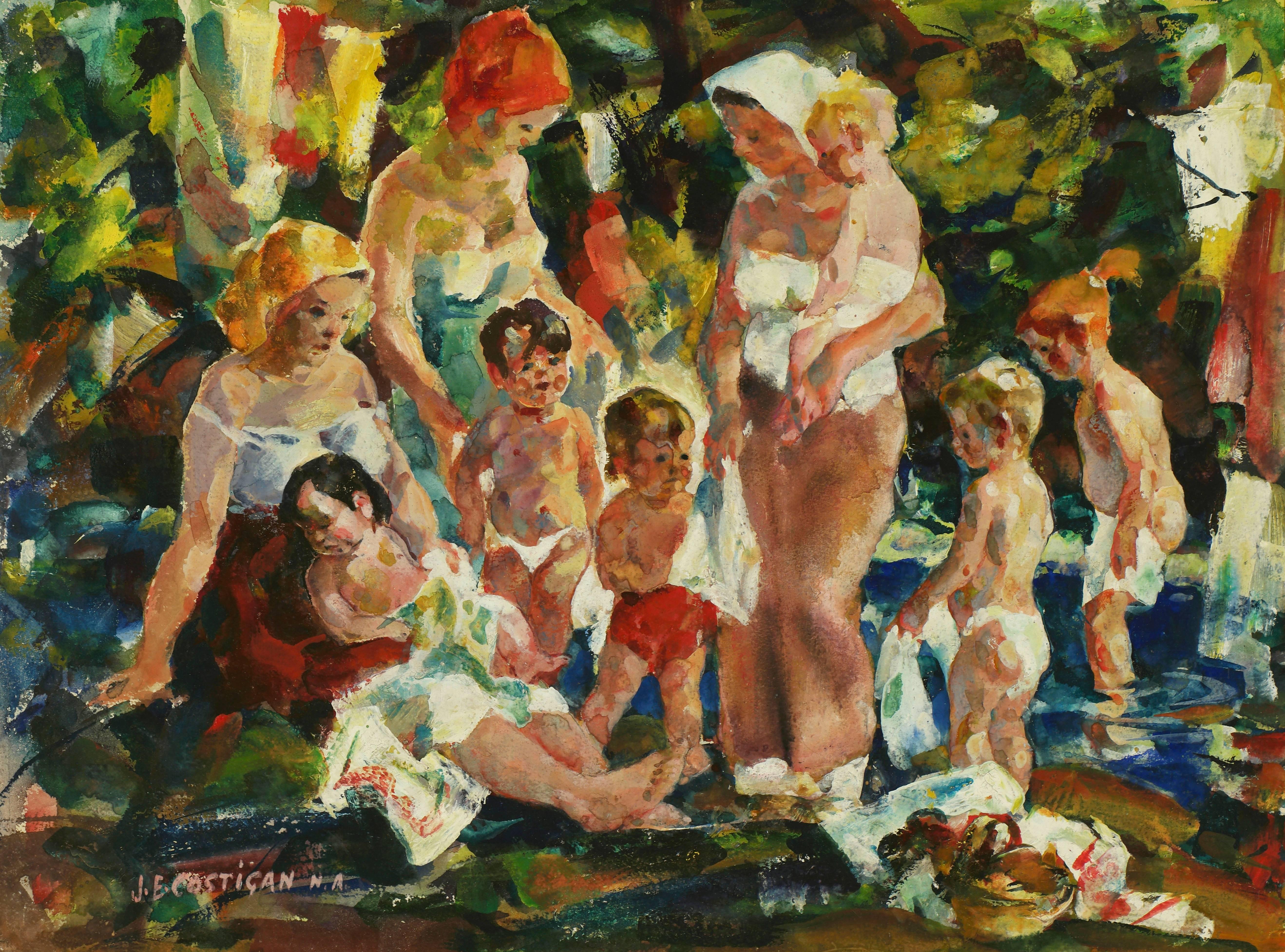 Mothers and Children at the Beach - Painting by John Edward Costigan