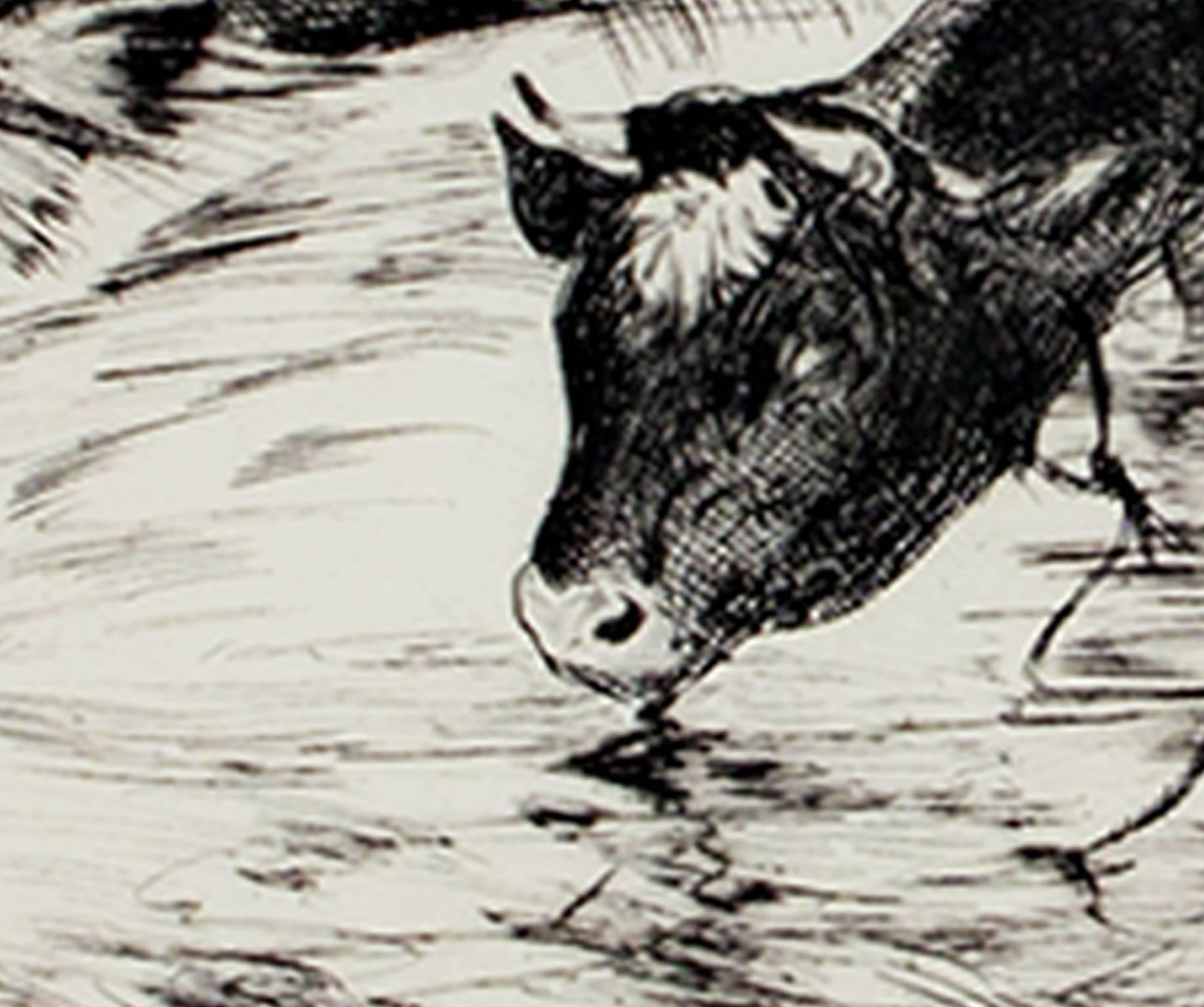 „Boy With Cows“, Originale Kaltnadelradierung, signiert von John Edward Costigan im Angebot 3