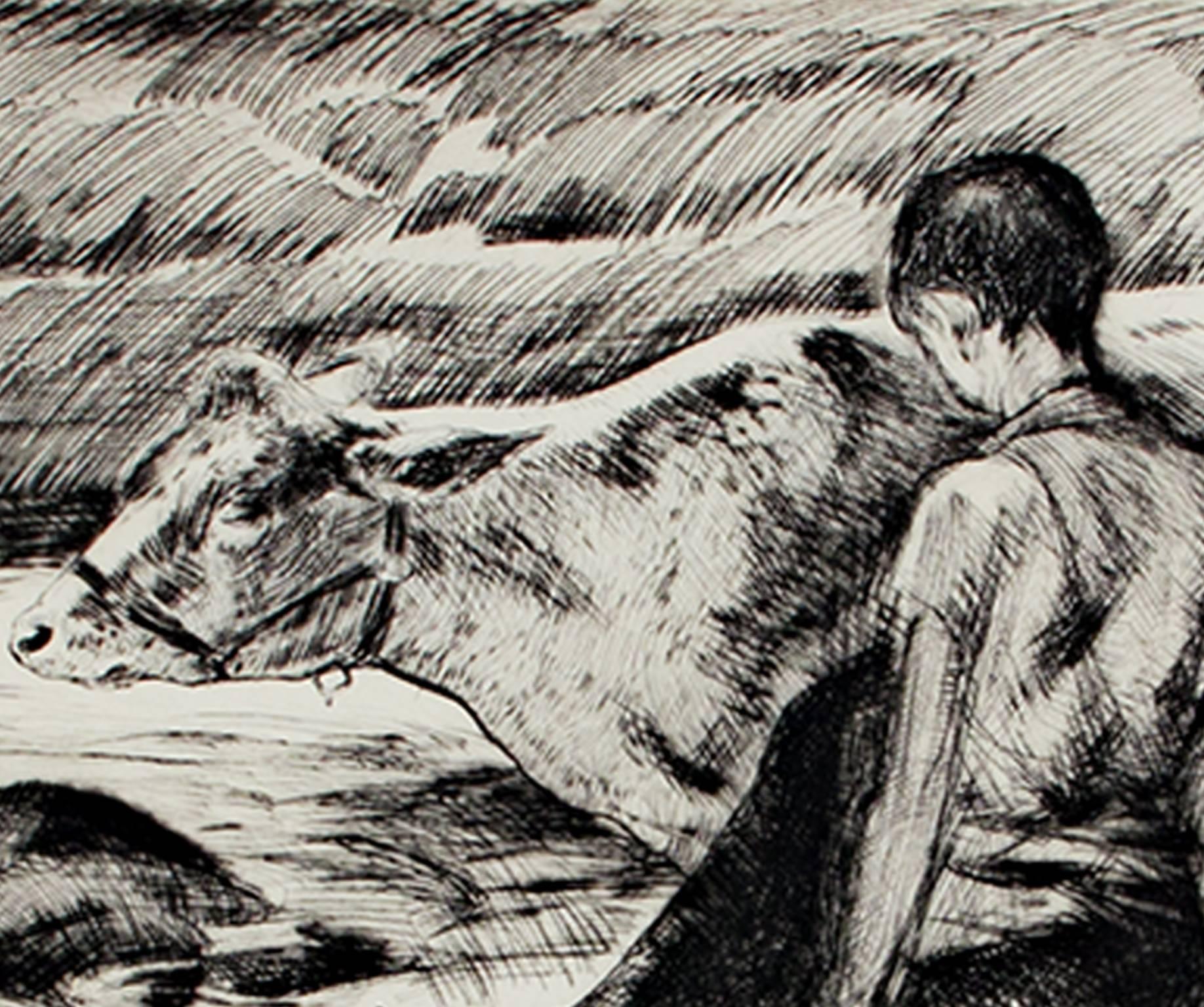 „Boy With Cows“, Originale Kaltnadelradierung, signiert von John Edward Costigan im Angebot 4