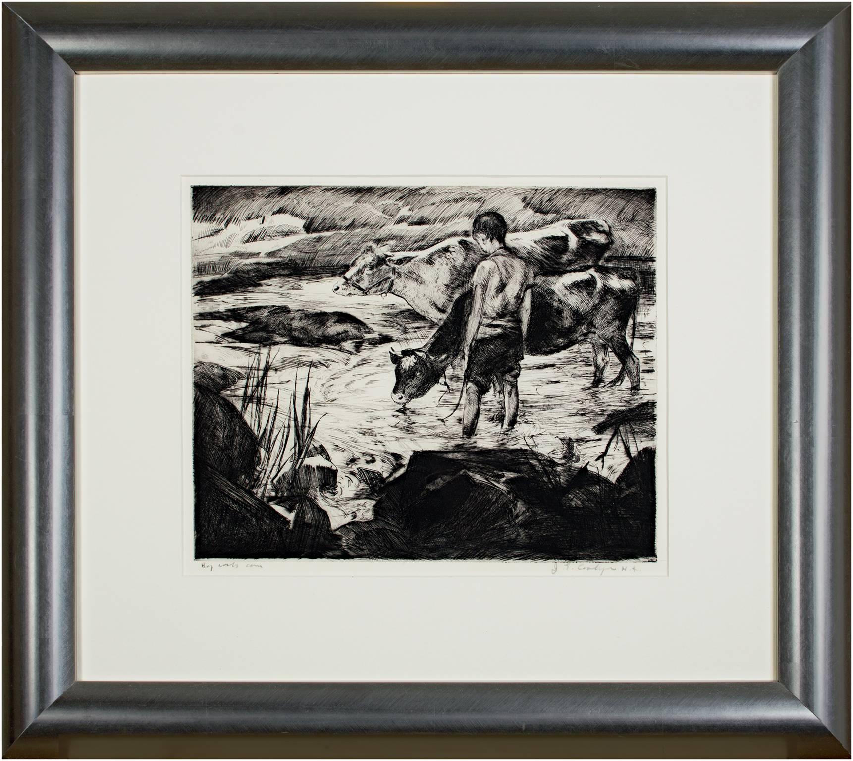 „Boy With Cows“, Originale Kaltnadelradierung, signiert von John Edward Costigan im Angebot 5