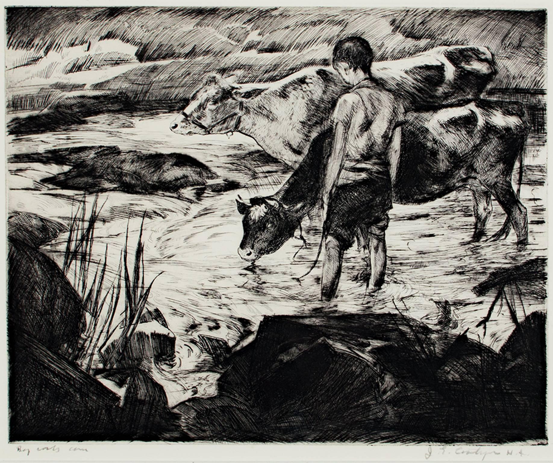 "Boy With Cows" ist eine originale Kaltnadelradierung von John Edward Costigan. Es zeigt einen kleinen Jungen mit drei Kühen, die an einer Wasserstelle stehen. Der Künstler signierte das Werk unten rechts und betitelte es unten links. 

10" x 12"