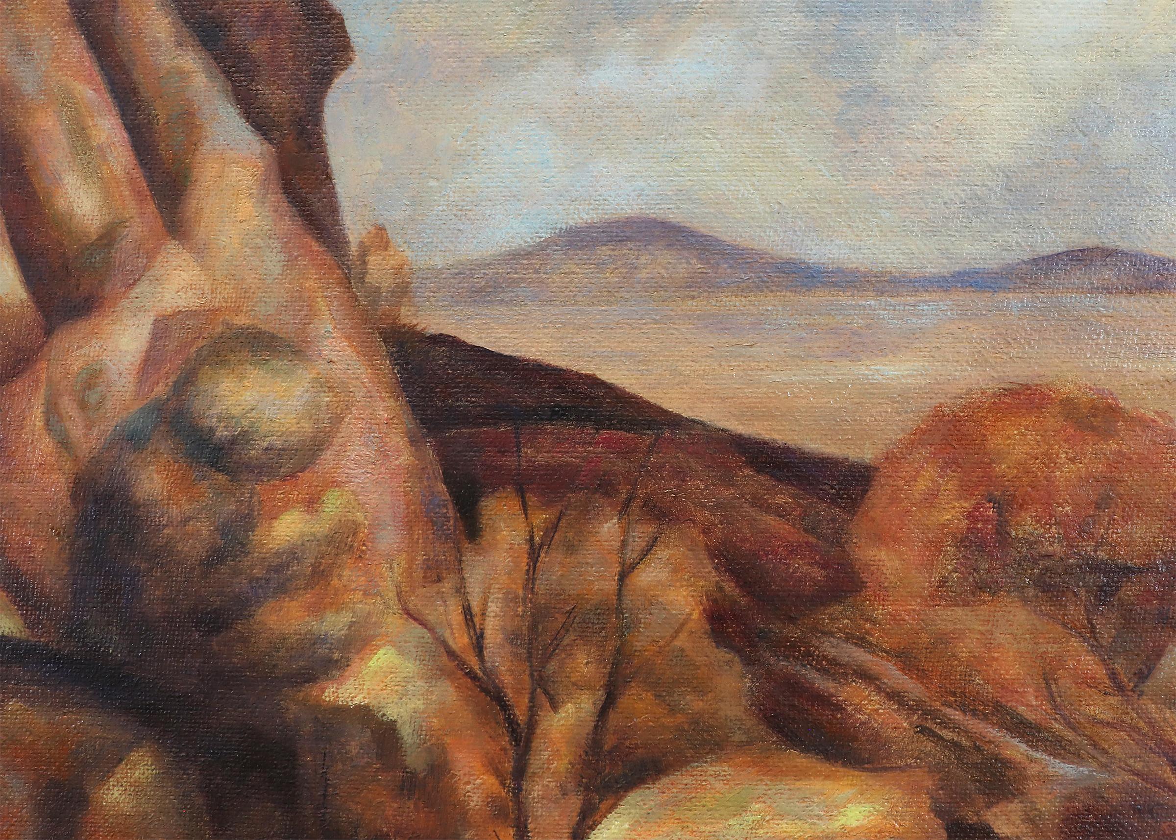 1930s Modernist Oil Painting of a Colorado Landscape, Rocks & Mesa, brown, blue - Brown Landscape Painting by John Edward Thompson