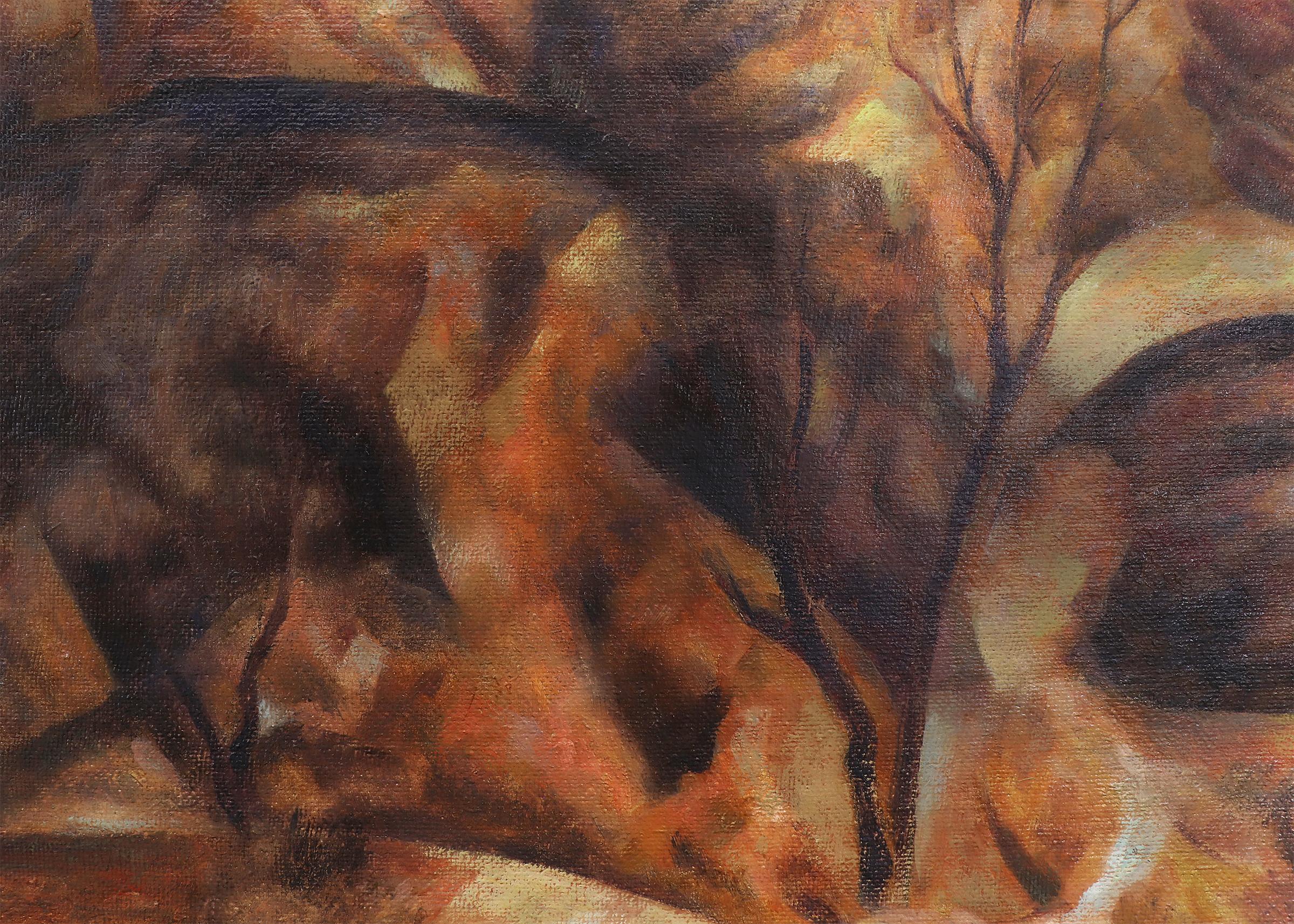 Pittura a olio modernista degli anni '30 di un paesaggio del Colorado, rocce e Mesa, marrone, blu 2