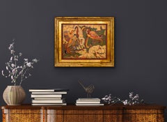 Orientalist Study with Simurgh & Flowers, Framed Art Nouveau Oil Painting