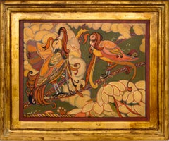 Orientalist Study with Simurgh (Mythical Persian Birds) & Flowers, Green, Gold