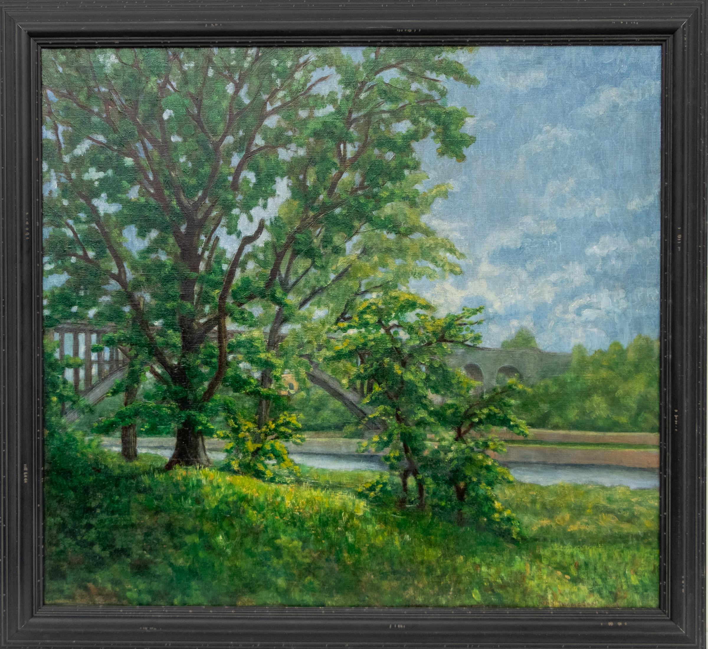 Pintura al óleo original de 1920 de un paisaje de primavera-verano de Central Park, Nueva York - Painting de John Edward Thompson