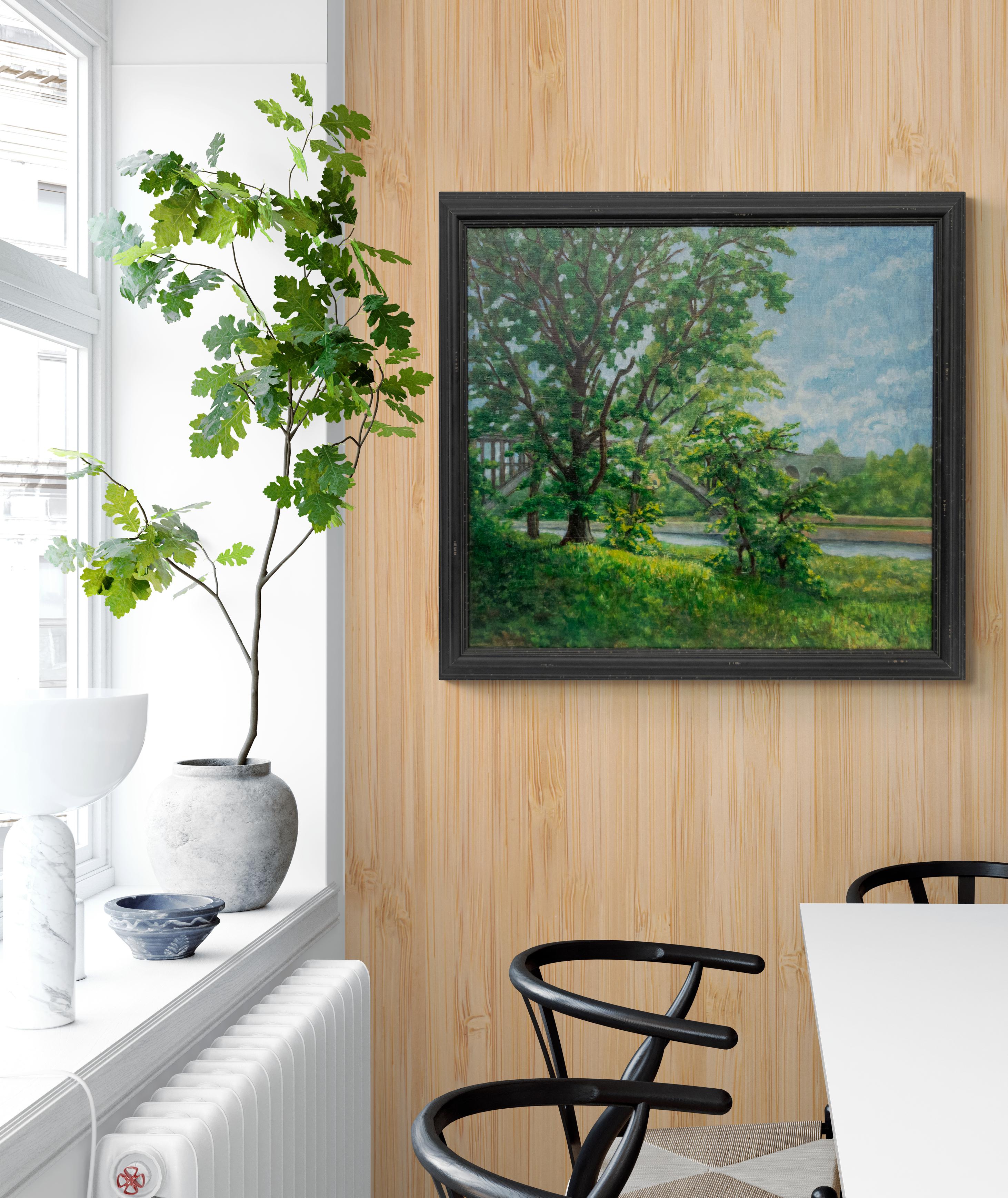 Pintura al óleo original de 1920 de un paisaje de primavera-verano de Central Park, Nueva York - Painting impresionista estadounidense de John Edward Thompson