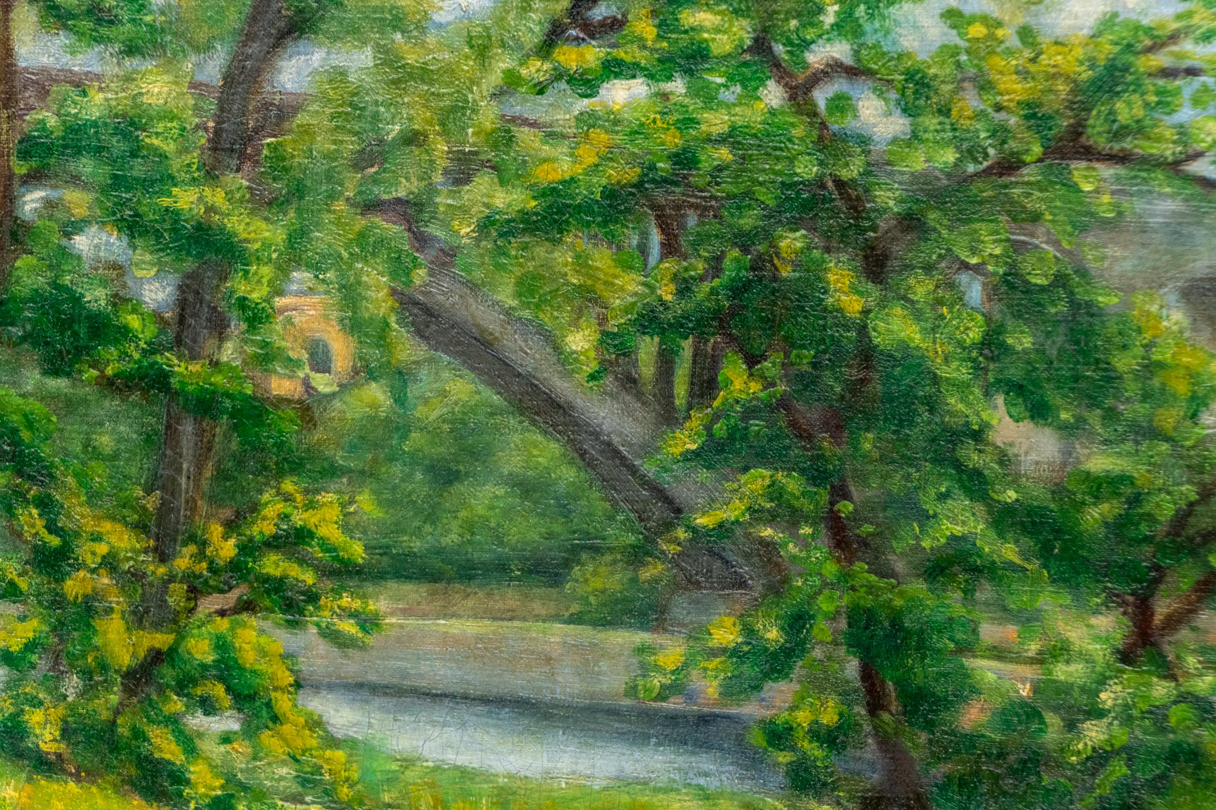 Pintura al óleo original de 1920 de un paisaje de primavera-verano de Central Park, Nueva York - Landscape Painting Negro de John Edward Thompson