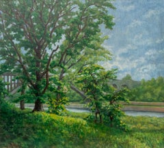 Pintura al óleo original de 1920 de un paisaje de primavera-verano de Central Park, Nueva York