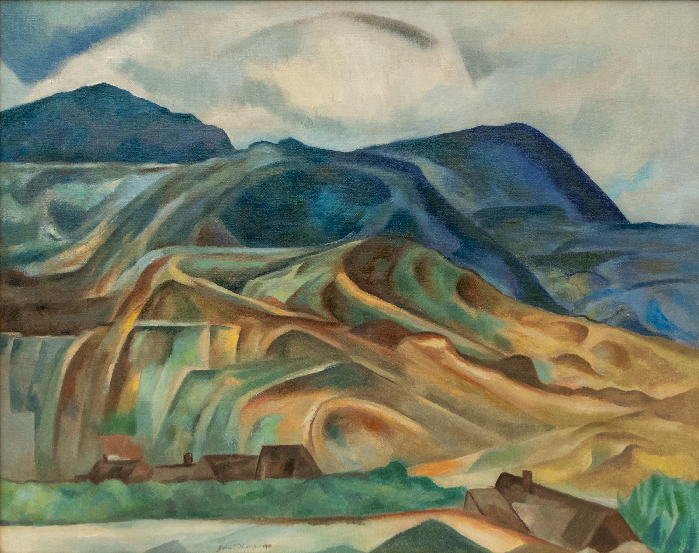 Paysage de montagne du Colorado des années 1940 - Art moderniste avec arbres et montagne 1