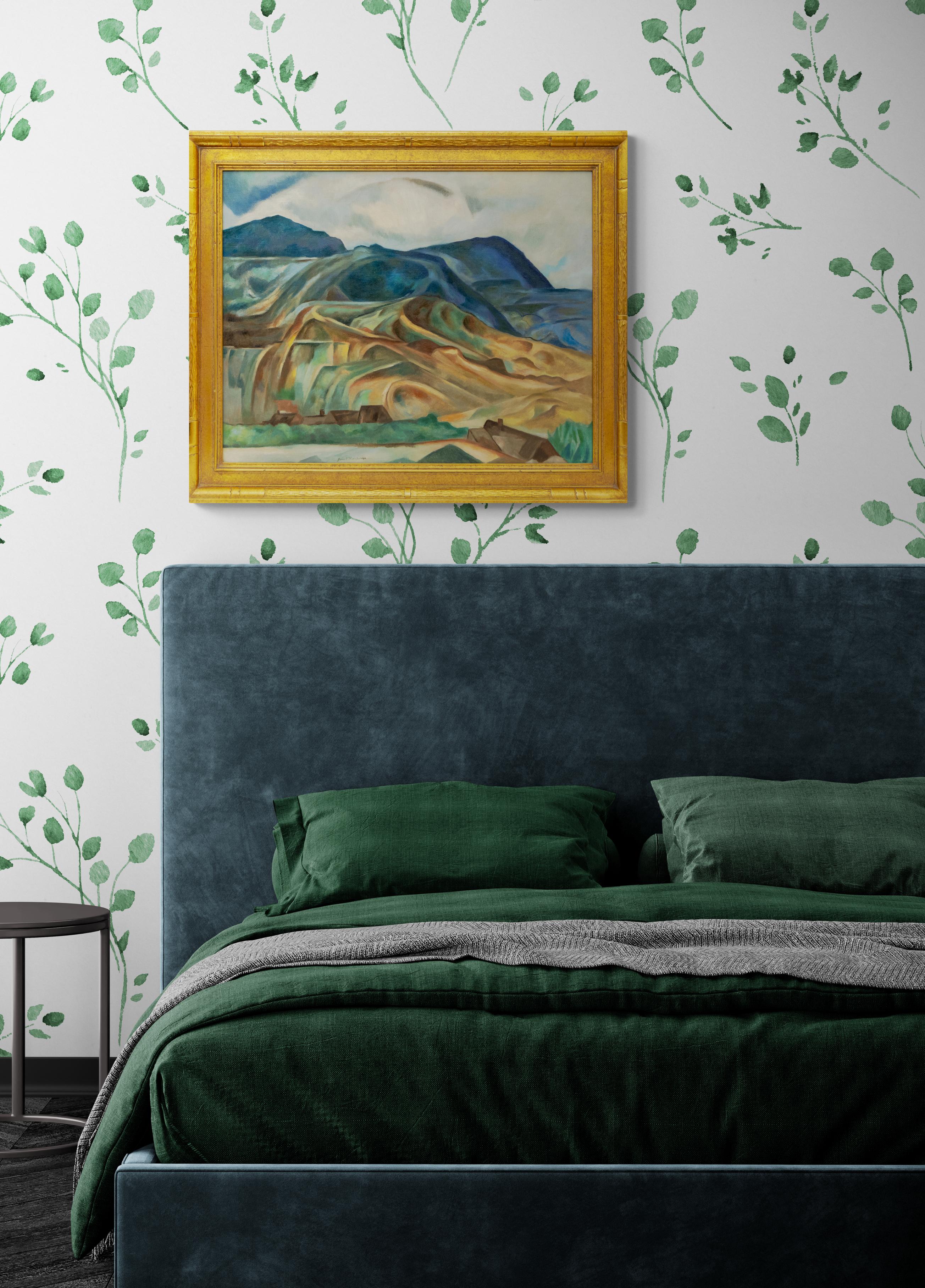 Paysage de montagne du Colorado des années 1940 - Art moderniste avec arbres et montagne 2