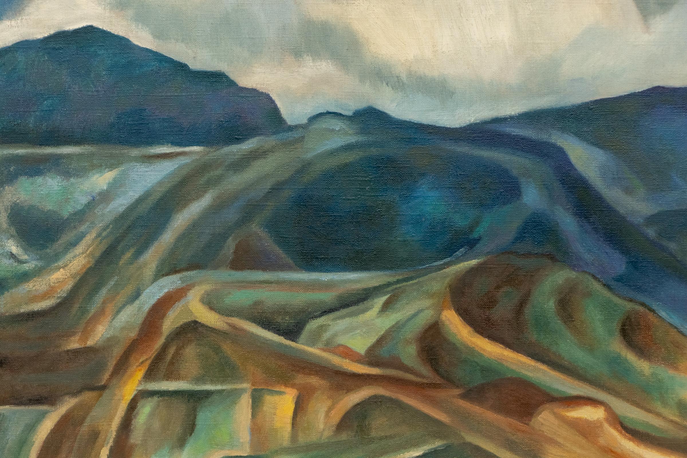 Paysage de montagne du Colorado des années 1940 - Art moderniste avec arbres et montagne 3