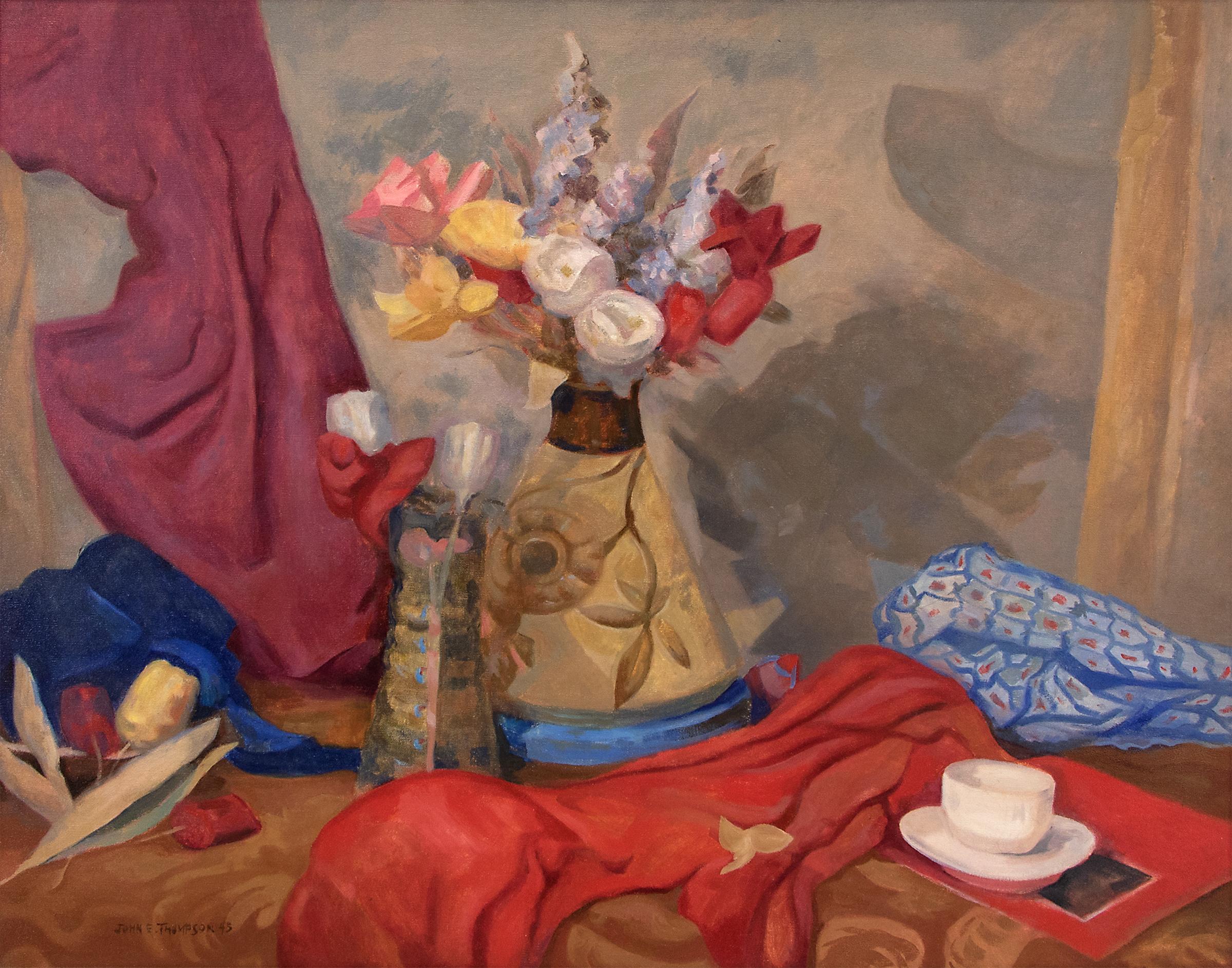 1940er Jahre Stillleben mit Blumen Ölgemälde, Rot, Gelb, Blau, Lila – Painting von John Edward Thompson